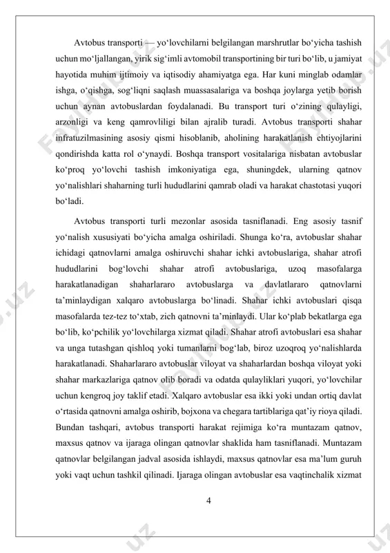 ko‘plab ishchi qatlam, talabalar, nafaqaxo‘rlar va boshqa ijtimoiy guruhlar uchun avtobus transporti arzon, ishonchli va qulay tashish vositasi bo‘lib, ularning kundalik turmush tarzini yaxshilashda hal qiluvchi omil hisoblanadi. bu jihatdan, avtobus transportining rivojlanishi ijtimoiy tenglikni ta’minlashga xizmat qiladi, chunki u barcha fuqarolarga, ularning iqtisodiy imkoniyatlaridan qat’iy nazar, shahar va qishloq hududlarida samarali harakatlanish imkonini beradi. shaharlar va qishloqlarda yo‘lovchilarni ko‘p miqdorda bir vaqtning o‘zida tashish imkoniyatiga ega bo‘lganligi sababli, avtobus transporti shaxsiy avtomobillar sonining ortishiga qarshi samarali vositadir. bu esa yo‘l-transport tirbandliklarini kamaytiradi, yo‘l infratuzilmasining ortiqcha yuklanishining oldini oladi va shaharlar ichidagi transport oqimini optimallashtirishga yordam beradi. natijada, transport tizimi yanada barqaror va izchil ishlaydi, yo‘l harakati xavfsizligi oshadi hamda yo‘lovchilar uchun qulay shart-sharoitlar yaratiladi. iqtisodiy tomondan, avtobus transporti ko‘plab yo‘lovchilarni bir vaqtning o‘zida tashlash imkonini berishi sababli energiya va yoqilg‘i sarfini kamaytiradi. shaxsiy avtomobillar bilan solishtirganda, bir dona avtobus bir nechta shaxsiy avtomobilni almashtirishi mumkin, bu esa yoqilg‘i tejashga …