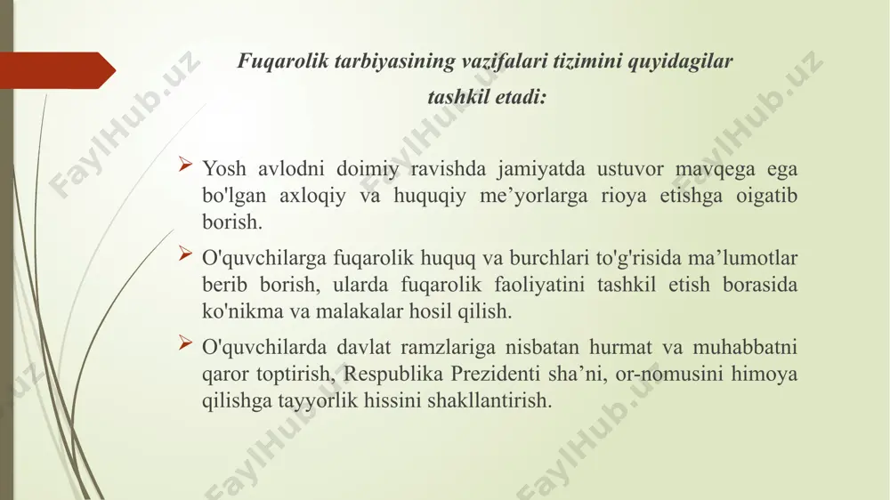 lda o‘quv-tarbiya ishlarini tashkil etish alohida muhim masalalardan bo‘lib turibdi. hayotga qadam qo‘yuvchi har bir o‘smir o‘z respublikasining qomusini bilishi, unga amal qilishi kerak. o‘quvchi va yoshlarda o‘zbekiston respublikasi madhiyasi, gerbi va bayrog‘iga nisbatan chuqur hurmatni tarbiyalash ishlarimizning uzviy qismini tashkil etadi. huquqiy tarbiyani muvaffaqiyatli hal etish uchun har bir maktab, kollej, litsey o‘z o‘quvchi va talabalariga davlat ramzlarining tub mohiyatini ochib ko‘rsatishlari va ular haqidagi nizomlarni puxta o‘rganishlarini tashkil etishlari zarur. davlat hokimiyatining ramzlari o‘zining mohiyati jihatidan huquq bilan bog‘liq bo‘lib, muhim tarbiyaviy mazmunga ega. o‘zbekiston davlat gerbi, bayrog‘i, madhiyasi mamlakatimizdagi barcha millat va elatlar birligi, do‘stligi va qardoshligining ramzlari hisoblanadi. bundan ko‘rinib turibdiki, davlat ramzlari juda boy, siyosiy-ma’naviy davlat tushunchalariga egadir. ularning mazmunlari bilan o‘quvchi va yoshlarni tanishtirish pedagogik jamoalarning muhim burchidir. 3.o‘quvchilarni vatanparvarlik va baynalmilal ruhda tarbiyalash. «vatan atamasi aslida arabcha so‘z boiib, ona yurt ma’nosini bildiradi. vatan tushunchasi keng va tor ma’noda qoilaniladi. bir xalq vakillari …