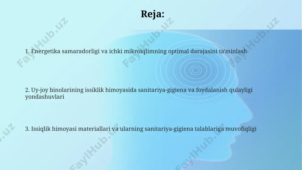 ng issiqlik himoyasi natijasida yuzaga keladigan kondensatsiya hosil bo'lishining oldini olish uchun bug' o'tkazuvchanligi koeffitsiyenti (µ) 0,1 dan kam bo'lgan materiallarni qo'llash tavsiya etiladi. zamonaviy issiqlik himoya texnologiyalari va sanitariya-gigiena issiqlik izolyatsiyasi uchun tabiiy materiallar, masalan, jun yoki zig'ir tolasi, 30% gacha yuqori namlikni yutish qobiliyatiga ega bo'lib, mog'or va qo'ziqorin rivojlanishini oldini oladi, shuningdek, binolarning ichki mikroiqlimini yaxshilaydi. issiqlik nasoslari va quyosh kollektorlari kabi yangi avlod energiya tejaydigan texnologiyalari uy ichidagi havo sifatini yaxshilaydi, namlik darajasini optimal 40-60% oralig'ida ushlab turadi va allergenlar miqdorini kamaytiradi, sanitariya-gigiena sharoitlarini yaxshilaydi. zamonaviy issiqlik himoya texnologiyalari, masalan, vakuumli izolyatsion panellar (vip), binolarning issiqlik o'tkazuvchanligini 10 baravarga kamaytirib, energiya sarfini sezilarli darajada qisqartiradi va ichki muhitning sanitariya-gigiena ko'rsatkichlariga ijobiy ta'sir ko'rsatadi. havoning sifatini ta'minlash va issiqlik himoyasi issiqlik himoyasining yaxshilanishi, 20-30% ga energiya tejash bilan birga, ichki muhitning barqaror haroratini ta'minlab, salomatlik uchun zararli bo'lgan keskin harorat o'zgarishlarini oldini oladi. to'g'ri tanlangan issiqlik izolyatsion …
