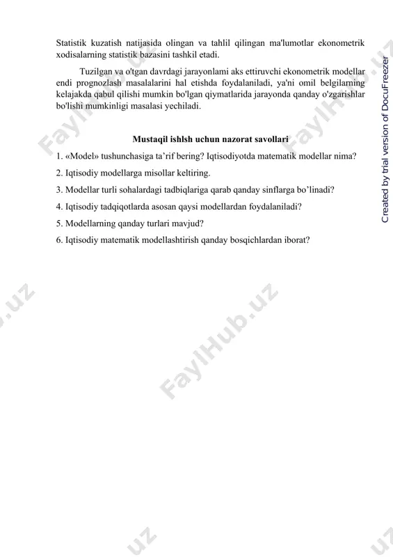 hi asosiy bog'lanishlami o'rganishni; ob'ektning holati va rivojlanishini tushuntiruvchi (hech bo’maganda dastlabki) gipotezalarni shakllantirishni o'z ichiga oiadi. matematik modelni qurish. bu bosqich iqtisodiy muammoni formallashtirish, uni tayinli matematik bog'lanishlar va munosabatlar (funksiyalar. tenglamalar, tengsizliklar va h.k.) ko'rinishida ifodalash bosqichidir. odatda avval matematik modelning asosiy qurilmasi (turi) aniqlanadi, so'ngra bu qurilmaning tarkibiy qismlari (o'zgaruvchiiar va parametrlarning aniq ro'yxati, bog'lanishlar shakli) aniqlashtiriladi. modelni matematik tahlil qilish. bu bosqichning maqsadi modelning umumiy xossalarini aniqlashdan iborat. bu yerda tadqiqotning sof matematik usullari qo'llaniladi. modelning analitik tadqiqotida yechimning mavjudligi, yagonaligi, yechimga qaysi o'zgaruvchilar (noma'lumlar) kirishi mumkinligi, ular orasidagi munosabatlar, bu o'zgaruvchilar qaysi doirada va qanday dastlabki shartlarga bog’iq ravishda o'zgarishi, ularning o'zgarish yo'nalishlari va shu kabi masalalar oydinlashtiriladi. modelning analitik tadqiqoti empirik (sonli) tadqiqotiga nisbatlari shunisi bilan afzalki, bunda olinayotgan xulosalar modelni tashqi va ichki parametrlarining har xil tayinli qiymatlarida o’z kuchini saqlaydi. sonli yechish. bu bosqich masalani sonli yechish uchun algoritrnlarni ishlab chiqish, ehmlarda …