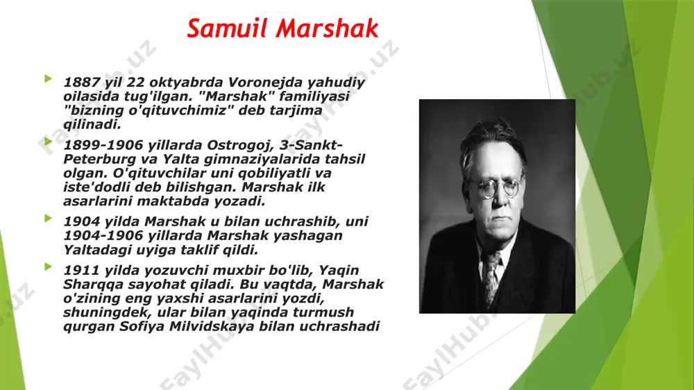 laureati 1963 yil - lenin mukofoti laureati 1964 yil - vafot etdi ahmoq sichqon haqida ertak rus xalq ertaklari ertaklar dunyosi hayratlanarli. hayotimizni ertaksiz tasavvur qilish mumkinmi? ertak shunchaki o'yin -kulgi emas. u bizga hayotdagi o'ta muhim narsalar haqida gapirib beradi, bizni mehribon va adolatli bo'lishga, zaiflarni himoya qilishga, yovuzlikka qarshi turishga, ayyor va xushomadgo'ylardan nafratlanishga o'rgatadi. ertak bizni sodiq, halol bo'lishga o'rgatadi, yomonliklarimizni masxara qiladi: maqtanish, ochko'zlik, ikkiyuzlamachilik, dangasalik. asrlar davomida ertaklar og'zaki ravishda uzatilgan. bir kishi ertak o'ylab topdi, boshqasiga aytdi, o'sha odam o'zidan nimadir qo'shdi, uchinchisiga aytdi va hokazo ertak haqida ertak bizga yaxshilikni yomondan, yaxshini yomondan, zukkolikni ahmoqlikdan ajratishga o'rgatadi. ertak sizni qiyin paytlarda tushkunlikka tushmaslikka va har doim qiyinchiliklarni engishga o'rgatadi. ertak har bir inson uchun do'st bo'lish qanchalik muhimligini o'rgatadi. va agar siz do'stingizni qiyinchilikda qoldirmasangiz, u sizga yordam beradi ... e’tiboringiz uchun rahmat! image1.jpeg image2.jpeg image3.jpeg image4.jpeg image5.jpeg image6.jpeg image7.jpeg image8.jpeg /docprops/thumbnail.jpeg
