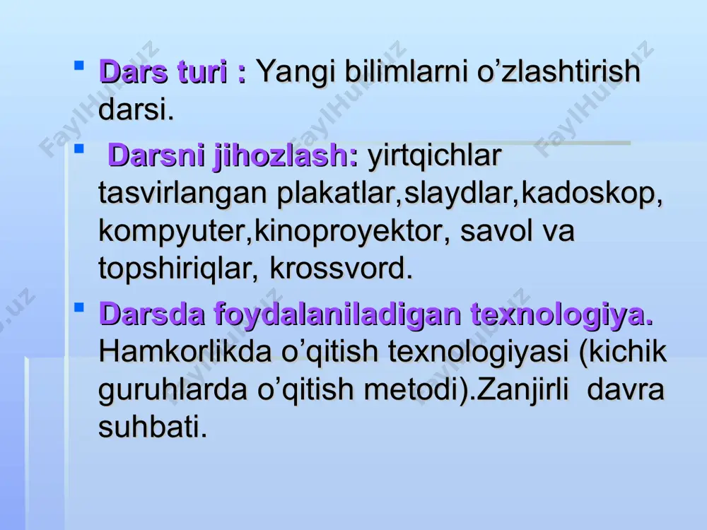 n va o’tkir tirnoqlari maxsus xaltachaga kirib turadi o’ljasini tirnoqlari bilan tutib,tishlari bilan ushlab turadi ular hidni yaxshi sezmaydi,lekin juda yaxshi eshitadi o’ljasini pana joyda poylab tutib oladi yolbars janubiy osiyo va uzoq sharqda keng tarqalgan u o’lja izlab kuniga 100 km gacha yol yuradi 6-7 metru zunlikka, 2 metr baladlikka sakrashi mumkin,vaazni 300 kg keladi kiyik, to’ng’iz, bug’i kabi yirik hayvonlarni ovlaydi yirik o’lja bo’lmasakemiruvchilar, qush tuxumlari, hatto lichinkalar bilan oziqlanadi juda kuchli,epchil va sabr toqatli jonivor yo’lbars ajoyib suzuvchi, bir necha kilometga suzib bora oladi ilvirs arslon gepard mushuklar suvsarsimonlar oilasi suvsar qunduz olaqo’zan latcha norka bo’rsiq suvsarsimonlar oilasiga mansub yirtqichlarning oyoqlari kalta, tanasi ingichka o’zbekistonda suvsar, qunduz, olaqo’zan latcha va norka, bo’rsiq uchraydi bo’rsiq (qashqaldoq)-tog’ o’rmonlari,to’qay va dashtlarda yashaydi mayda hayvonlar:kemiruvchilar, hasharotlar, to’kilgan mevalar, shuningdek yovvoyi o’simliklarning yer osti poyalari, piyozlari bilan ham oziqlanadi yog’i xalq tabobatida shifobaxsh hisoblanadi qunduz daryo va ko’llarning tik qirg’oqlarini kovlab in …