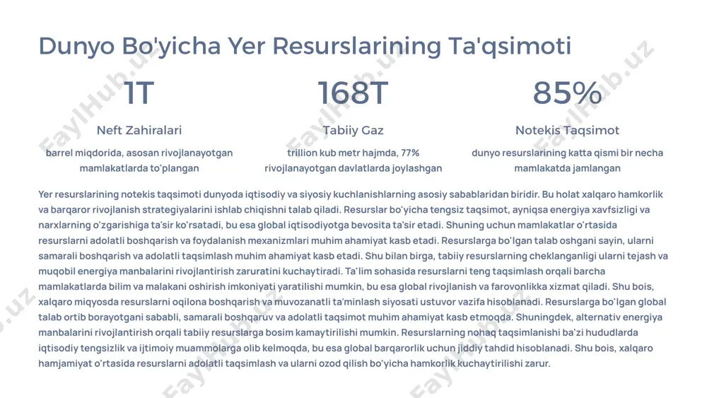 r resurslarining ta'qsimoti 3.yer yuzidagi resurslar xaritasi 4.tuproqning holati va muammolar 5.global muammolar va o'zbekistonning roli 6.tuproqni himoya qilish usullari yer resurslari – insoniyatning asosiy boyligi hayot manbalari yer resurslari barcha tirik mavjudotlar uchun hayot asosi hisoblanadi. oziq-ovqat, suv, havo va boshqa zarur moddalar barchasining manbayi yer resurslaridir. iqtisodiy asos dunyoning barcha iqtisodiy faoliyati yer resurslariga asoslanadi. qishloq xo'jaligi, sanoat, energetika sohalarining barchasi bu resurslar bilan bog'liq. ekologik muvozanat yer resurslari tabiatdagi muvozanatni saqlash uchun zarur. ularning to'g'ri boshqarilishi ekotizimlarning barqarorligini ta'minlaydi. yer resurslari nafaqat bizning bugungi ehtiyojlarimizni qondiradi, balki kelajak avlodlar uchun ham muhim ahamiyatga ega. shuning uchun ulardan oqilona va barqaror foydalanish zamonaviy jamiyatning eng muhim vazifalaridan biridir. barqaror rivojlanish tamoyillari asosida, yer resurslarini himoya qilish va tiklash choralari ko‘rilishi zarur, bu esa ekologik va iqtisodiy manfaatlarni uyg‘unlashtirishga xizmat qiladi. resurslarning me'yorida ishlatilishi va muhofazasi orqali biz atrof-muhitni saqlab qolishimiz hamda iqtisodiy rivojlanishni ta'minlashimiz mumkin. shunday qilib, har …