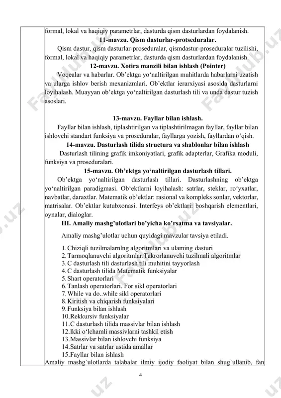 lmalarnlng algoritmlari va ulaming dasturi 2. tarmoqlanuvchi algoritmlar.takrorlanuvchi tuzilmali algoritmlar 3. c dasturlash tili dasturlash tili muhitini tayyorlash 4. c dasturlash tilida matematik funksiyalar 5. shart operatorlari 6. tanlash operatorlari. for sikl operatorlari 7. while va do..while sikl operatorlari 8. kiritish va chiqarish funksiyalari 9. funksiya bilan ishlash 10. rekkursiv funksiyalar 11. c dasturlash tilida massivlar bilan ishlash 12. lkki o‘lchamli massivlarni tashkil etish 13. massivlar bilan ishlovchi funksiya 14. satrlar va satrlar ustida amallar 15. fayllar bilan ishlash amaliy mashg`ulotlarda talabalar ilmiy ijodiy faoliyat bilan shug`ullanib, fan sohasidagi yangiliklar bilan amaliy mashg`ulotlarning mazmunini boyitadilar. iv. tajriba mashg‘ulotlari bo‘yicha ko‘rsatma va tavsiyalar tajriba mashg’ulotlar uchun quyidagi mavzular tavsiya etiladi: 1. chiziqli algoritmlar va ularni tasvirlash usullari 2. tarmoqlanuvchi algoritmlar va ularni tasvirlash usullari 3. takrorlanuvchi algoritmlar va ularni tasvirlash usullari 4. aralash (kombinatsiyalashgan) algoritmlar 5. chiziqli dasturlar tuzish 6. if/else, switch strukturasi bilan ishlash 7. while, do_while, for siklik operatoridan …