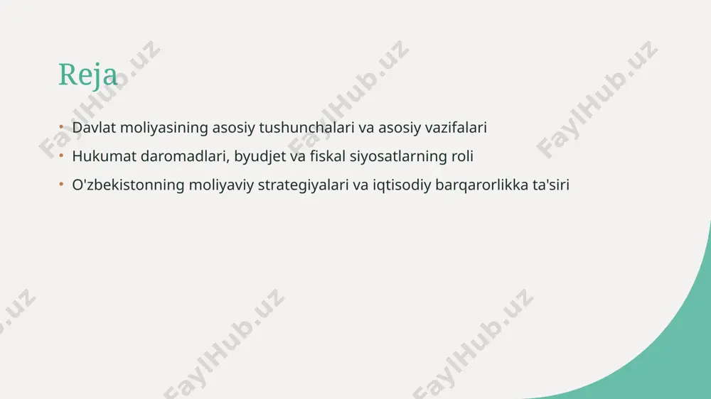 a davlat moliyasi byudjet tuzish, fiskal siyosat va soliqlarni boshqarish orqali iqtisodiy barqarorlik va rivojlanishni ta'minlaydi. 3 nazariyalar va amaliyot nazariyalar iqtisodiy modellarga asoslangan bo'lsa, amaliyotda ularni real iqtisodiy sharoitlar, siyosiy va ijtimoiy faktorlar bilan moslashtirish muhimdir. hukumat daromadlarining iqtisodiy barqarorlikdagi o‘rni va ahamiyati 1 hukumat daromadlarining roli hukumat daromadlari iqtisodiy barqarorlik uchun muhim, chunki ular davlat xizmatlari, ijtimoiy loyihalar va investitsiyalarni moliyalashtiradi, iqtisodiy rivojlanishni ta’minlaydi. 2 soliq va bojxona to‘lovlari soliq va bojxona to‘lovlari davlat daromadlarining asosiy manbalaridir. ular iqtisodiy faoliyatni tartibga solib, davlat byudjetini to‘ldiradi, barqarorlikni ta'minlaydi. 3 davlat xarajatlari va barqarorlik davlat xarajatlari iqtisodiy barqarorlikni qo‘llab-quvvatlaydi. ular infratuzilma, ta’lim va sog‘liqni saqlashga investitsiya qilish orqali iqtisodiy o‘sishni rag‘batlantiradi. 4 barqarorlikni ta’minlash uchun siyosat hukumat fiskal siyosat orqali daromadlar va xarajatlarni muvozanatlaydi. bu, iqtisodiy shoklar va inflatsiya holatida mamlakatni himoya qilish imkonini beradi. byudjet va fiskal siyosatlarning mamlakat ijtimoiy va iqtisodiy rivojlanishdagi roli 01 byudjet va fiskal siyosatlarning …