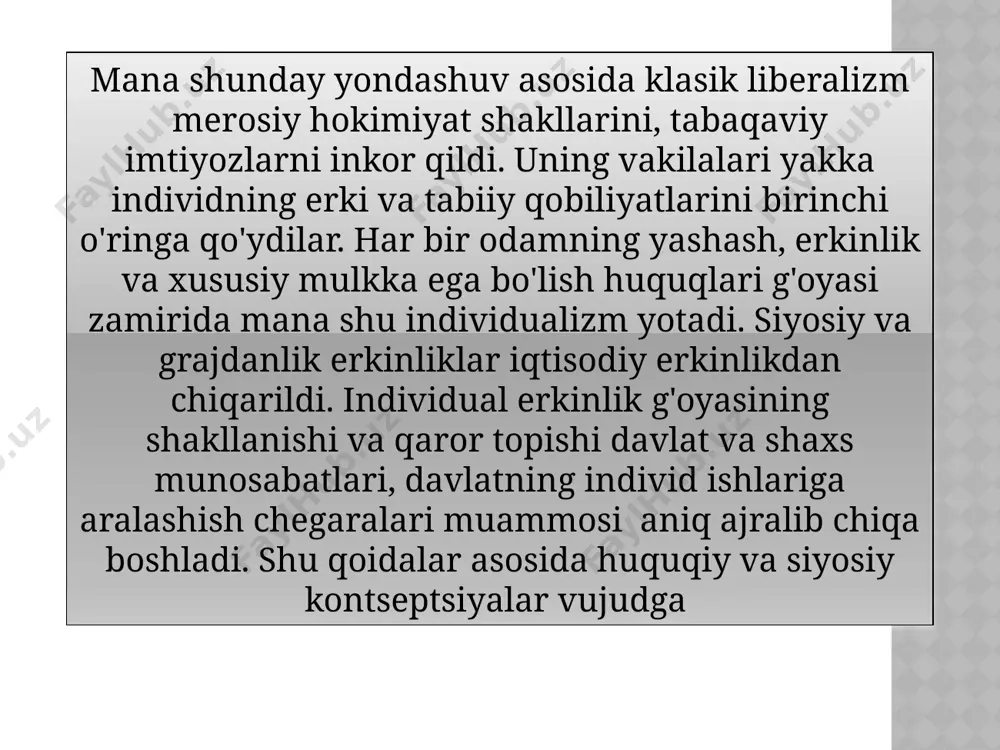 ini (soliqlar yordamida) ijtimoiy himoya qilishini kutadi. ogʻalik liberalizm ogʻalik yoki fraternitar liberalizm (xalqlar ogʻaligi) urushdab keyin uchinchi dunyo davlatlarining kolonializmga qarshi kurashi natijasida paydo boʻldi. bugungi kunda u huquqiy norma sifatida emas balki koʻproq turli intilishlar bilan bogʻliqdir. uning maqsadi boshqaruv, moddiy boyliklar va texnologiyalarni rivojlangan davlatlar qoʻl ostida boʻlishiga qarshi kurashdan iborat. bu oqim tarafdorlari tinchlik, oʻz oʻzini aniqlash, iqtisodiy rivojlanish va umuminsoniy boylikalrga (tabiiy boyliklar, ilm-fan yutuqlari, madaniy boylikalar) jamiyatning kollektiv huquqi bor deb taʼkidlashadi. ogʻalik liberalizmi, shuningdek, dunyo ekologik axvoli va gumanitar yordamga oʻz eʼtiborini jalb qiladi. fransiya liberalizmi siyosiy dasturini ishlab chiqqam shaxs benjamen konstan edi u o'zining g'oyalarini "konstitutsiya ocherklari", "siyosiy printsiplar", "yangi xalqlar erkinligiga nisbatan qadimgi xalqlar erkinligi haqida" va boshqa asarlarida ifodaladi. b.konstanning diqqat markazida shaxs va davlatning o'zaro munosabati muammosi turadi. uning aytishicha, insonga xos muhim xususiyat erkinlikdir. fuqaroning barcha huquqlari erkinlikdan kelib chiqadi. erkinlik inson hayotining asosidir. fuqarolar xech qanday …