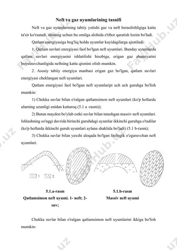 yoki gazkondensat do'ppili neft uyumlari (vн>0,75); - gazneft yoki gazkondensat uyumlari (0,50 <vн < 0,75); - neftgaz yoki neftgaz kondensat uyumlari (0,25 < vн< 0,50); - neft xoshiyali gaz yoki gaz kondensat uyumlari (vн<0,25); kon(uyum)lar tuzilishining murakkabligiga ko'ra quyidagilarga bo'linadi: 1) oddiy tuzilishli, bunday konlarda mahsuldor qatlamlarning qalinlik va kollektorlik xususiyatlari maydon va kesim bo'yicha o'zgarmas bo'lib, tektonik buzilmagan yoki kam buzilgan tuzilmalarda joylashadi; 2) murakkab tuzilishli, bunday konlar maxsuldor qatlamlarni maydon va kesim bo'yicha qalinlik va kollektorlik xususiyatlarini o'zgaruvchanligi yoki yagona uyumni alohida bloklarga bo'luvchi litologik aralashmalar yoki tektonik buzilishlar borligi bilan xususiyatlanadi. 3) juda murakkab tuzilishli, bunday konlar yagona uyumlarni alohida bloklarga bo'luvchi litologik aralashishlar va tektonik buzilishlar bo'lgashi, shuning bilan birga bu bloklar hududida mahsuldor qatlamlarning qalinlik va kollektorlik xususiyatlarini o'zgaruvchanligi bilan xususiyatlanadi. murakkab va juda murakkab tuzilishli turkumga neft gaz osti hududida ostki suvlar bilan tutashgan, kollektorlik xususiyatlari turli xil bo'lgan qatlamlarda ingichka xoshiyalarda joylashgan gazneft …