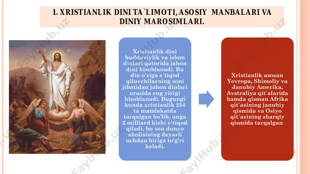 ing odamzodning xaloskori «messiya» ekanligi yahudiylikda mavjud bo’lib, oxiratga yaqin kelishi kutilayotgan xaloskor haqidagi ta`limotdan kelib chiqqandir.  keyinchalik bu ta`limot xudoning mujassamlanishi yoki isoning ikki mohiyati - odam mohiyati, xudo mohiyati haqida «gunohni yuvish», ya`ni isoning o’zini ixtiyoriy tarzda qurbon qilishi haqiqatdagi ta`limot bilan mustahkamlanadi. xristianlik muqaddas ruh ota-xudo, o’g’il-xudo va muqaddas ruh - uch yuzlik xudo to’g’risidagi ta`limot, jannat va do’zax, oxiratda go’yo dunyoning oxiriga borish, isoning qaytishi haqida va boshqa aqidalarni o’z ichiga oladi. xristian jamoasining shakllanishi, uning aqidalarini tartibga solinishi, cherkov munosabatlarining ishlab chiqilishi, diniy tabaqalar tuzumining vujudga kelishi eramizning iv asr boshlarida 324 yili xristianlik rim imperiyasida davlat dini deb e`lon qilinganidan so’ng amalga oshdi. 325 yili tarixda birinchi marta rim imperatori lisiniya imperiya hududidagi xristian jamoalarini o’zaro kelishtirish va tartibga solish maqsadida nikey shahrida i butun olam xristian soborini chaqirdi. 381 yili konstantinopolda ii butun olam xristian sobori bo’lib o’tdi. bu soborlarda xristianlik ta`limotining …