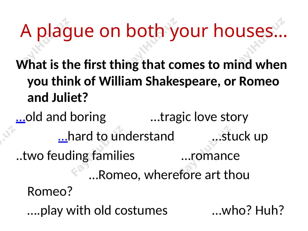 ic a way with words shakespeare added over 2,000 words to the english language in his plays, if he needed a new word, he made one up, you may recognize… eyeball, dwindle, watchdog, gloomy, hobnob, swagger, rant, moonbeam, fashionable there are also expressions he coined that are very common today, like “a heart of gold,” “wild goose chase,” “vanish into thin air,” “good riddance,” “break the ice,” “a laughing stock,” “clothes make the man,” “dead as a doornail” he also wrote some pretty good insults when we are acting… you will sit in your character’s seat keep your folder in order when you are onstage (in the middle) you will: speak loud enough to be heard not have conversations with the audience move if it fits in the scene, not wander around stay until you are supposed to exit, then sit down pay attention to the script, so you know …