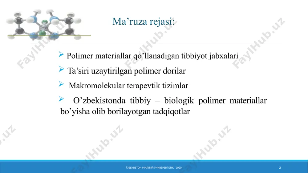 a tomoq uchun protezlar, kateterlar, sorilib ketadigan iplar, bog’lovchi materiallar, ortopedik protezlar polietilenterftalat (lavsan) qon tomirlar protezlari, jarroxlik qo’lqoplari, kateterlar, yurak klapanlari, choklovchi iplar 5 dorivor moddalar samarasinining yangi imkoniyatlari ўзбекиsтон миллий универcитети, 2020 образец текста второй уровень третий уровень четвертый уровень пятый уровень 6 dorivor moddalar samarasinining yangi imkoniyatlari ўзбекиsтон миллий универcитети, 2020 образец текста второй уровень третий уровень четвертый уровень пятый уровень 7 ўзбекиsтон миллий универsитети, 2020 8 ichakda eruvchan polimerlarning muxit рн qiymatiga qarab erishi ўзбекиsтон миллий универsитети, 2020 dorivor polimerlar ўзбекиsтон миллий универsитети, 2020 9 10 ўзбекиsтон миллий универsитети, 2020 10 dorivor polimerlar polimerlar tuzilishini farmakologik xossalariga ta”siri актуальные проблемы химии poliмеров dr. tohir kh. rahimov ўзбекиsтон миллий универsитети, 2020 poliмеrlar organizmda fraksiyalarga bo’linadi мм yuqori bolgan fraksiyalar organizmda to’planadi mm kichik bo’lgan fraksiyalar dori ta’sirini uzaytirmaydi farmasevtika uchun molekular massaviy taxsimlanishi tor bo’lgan polimerlar qo’llash maqsadga muvofiqdir polimerlar tuzilishini farmakologik xossalariga ta”siri актуальные проблемы химии …