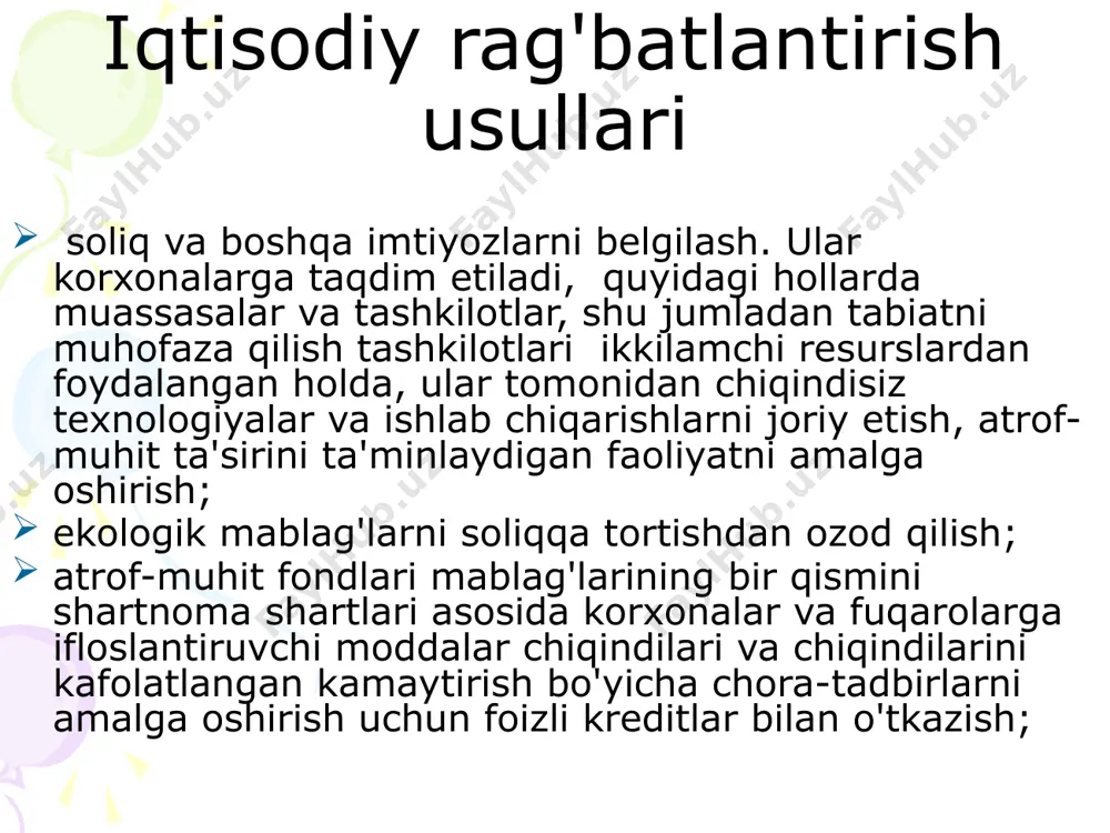 iyani o'z ichiga oladi: zarar yashash sharoitlari va atrof-muhitning yomonlashuvidan yo'qotishlar sug'urta hodisasi oqibatlarini bartaraf etish xarajatlari (hududni tozalash, hayot va mulkni qutqarish). hajmi sug'urta qoplamasi, sug'urta qildiruvchiga to'lanadigan shartnomada belgilanadi. kompensatsiya miqdori kompensatsiyani o'z ichiga oladi: ba'zi hollarda sug'urtalovchi rad qilishi mumkin sug'urta tovonini to'lashda. bunday holatlarga quyidagilar kiradi: sug 'urta qildiruvchi tomonidan shartnoma tuzishda sug' urtalovchi tomonidan kelishilgan profilaktika yoki profilaktika choralariga rioya qilmaslik; sug'urta hodisasi sodir bo'lganidan keyin sug'urta qildiruvchining muayyan majburiyatlarni bajarishga nisbatan adolatsiz munosabati. ratsion atrof-muhit sifati atrofdagi tabiat bilan o'zaro munosabatlarning oqilona usullarini ishlab chiqish. ratsion maqsadi atrof-muhitga ta'sir qilishning ruxsat etilgan maksimal standartlarini belgilash, kafolatlar insonning ekologik xavfsizligi va genetik fondni saqlash, ta'minlovchilar tabiiy resurslardan zarar yetkazmasdan foydalanish va ularni samarali boshqaruv sharoitida ko'paytirish. umumiy qoidalar 1. ruxsat etilgan atrof-muhit sifatiga ta'sir qilmaydigan yoki yashash muhitini maqbul chegaralarda o'zgartiradigan, ya'ni ekotizimni buzmaydigan va odamlarda salbiy oqibatlarga olib kelmaydigan ta'sirlar tan olinadi; 2. ruxsat …