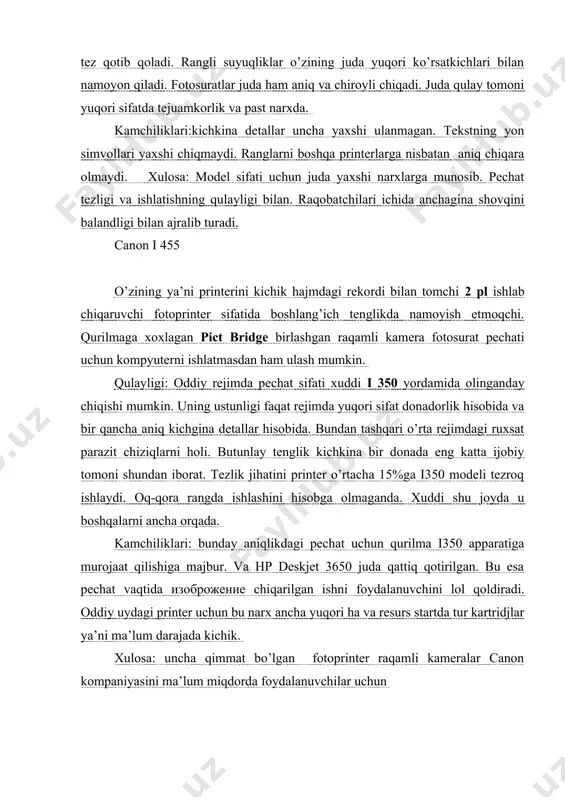 rdan ancha orqaga qolgan. pechat qilgan narysalar ancha nam bo’lib chiqadi, shuning uchun ular bilan juda ehtiyotkorlik bilan ishlash talab qilinadi. ya’ni ranglar bo’yalishiga yo’l qo’ymasligi uchun. shu narsa ko’rinib turibdi uning svoystvasi ishlatilgan siyox pechatdan chiqarilgan maxsulotimizning ikkala tomoniga qandaydir dog’lar bilan, rangli chiqarilgan maxsulotimizgaesa yengilgina qo’shimchalar kiritadi. hamma rejimdagi peratlangan fotosuratlarga rasmlari uchraydi, dioganalda esa kulrang klin ko`zga korinmas chiziqlari mavjud. peramning tezligi retimda bu model o`zining sifatlarini o`rtacha natijalarini ko`rsatadi. bu bilan u kompaniyaning ikki modelini kuvib o`tgan taqdirigina epson ni bundan tashqari shu modelning narxi juda ko`p pechat qiadiganlarni yuza ham talabini qoldirmaydi. rezyume: printer talab qolmaydigan foydalanuvchilar uchun kichik ob`emdagi pechatlarga mo`ljallangan. lextark 2705 bu model 2605 shunisi bilan farqlanadiki, bunda juda yuqori tezlikdagi pechat, fotokartridj foydalanish qulayligi bilan va ayrim qo`shimcha funksiyalar, bularning hammasi ish sifatini va qulayligini ancha ko`taradi. ijobiy tomoni: knopkaga “formaning kirishi qo`shilgan, yana bir tomoni shundaki, bunda fotokartridjni o`rnatilishi yangi …