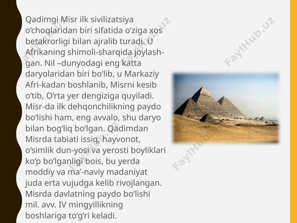 ix-viii asrlarda vujudga kelgan. bu e’tiqodga ko‘ra, xudo braxma olamni va odamni yaratgan deb hisoblagan. hind ruhoniylari brax-manlar deb atalganlar. braxmanlarning ta’kidlashicha, xudo odamlarni o‘z tanasining turli qismlaridan yaratgan. xususan, xudo o‘z og‘zidan brax-manlarni; qo‘llaridan kshatrilarni – jangchi, rojalarni; sonlaridan vayshoqlar – hunarmandlar, savdogarlar, dehqonlarni; loyga belangan oyoqlardan esa shudralar, ya’ni xizmatkorlarni yaratgan deb ta’lim beriladi. qadimgi xitoy madaniyati xitoy markaziy va sharqiy osiyodagi eng qadimgi davlat. tabiati kes-kin o‘zgaruvchan va mo‘tadil. markaziy xitoy tog‘laridan boshlanib tinch okeani havzalariga quyiladigan xuanxe (sariq daryo) va yantszi daryolari sharqiy xitoy pasttekisligi orqali oqib o‘tadi. yog‘ingarchilik vaqtlarida xuanxe daryosi toshib, ko‘plab tashvishlar keltirganligi uchun unga xitoy-liklar «tentak daryo», «xitoyning sho‘ri», «ming xil kulfat keltiruvchi dar-yo» deb nom berishgan. shu daryolarning bo‘ylaridagi yerlar unumdor bo‘-lib, ilk dehqonchilik vujudga kelgan. bu o‘lka qadimdan o‘simliklar va hay-vonot olamiga boy, yerosti qazilma boyliklari ham mashhur bo‘lgan. mil. avv. i asr oxiri va yangi asr arafasida xitoyliklar latta, …