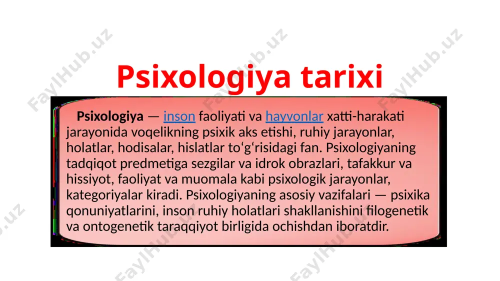 asrga kelib m. v. lomonosov, a. n. radishchev, g. s. skovoroda, t. gobbs, b. spinoza, g. leybnits. j. lokk, k. a. gelvetsii, a. golbax, d. didrolar psixologiyada bir talay kashfiyot qildilar, uni amaliy maʼlumotlar bilan boyitdilar. psixologiya xix asrning 2-yarmiga kelib mustaqil fan sifatida ajralib chiqdi. nemis olimi v. vundt leypsigda 1879-yil dastlabki eksperimental laboratoriyani jihozlashga erishdi. psixologiya taraqqiyotida, umuman, xix asrdagi eksperimentlar alohida ahamiyat kasb etdi. bu davrda psixologik real voqelikni oʻrganish uchun metodlar majmuasi qoʻllana boshlandi: kuzatish, labaratoriya eksperimenti, tabiiy eksperiment, faoliyat natijasini tahlil qilish, ruhiy jarayonlarni modellashtirish genetik metodi, test, ekspert baholash, intervyu, anketa, soʻrovnoma, tarjimai hol va hokazolar. xix asr oxiri — xx asr boshlarida qator psixologik ilmiy psixologiyaning rivojiga i. m. sechenov (psixikaning reflektor tabiati), i. pavlov (oliy nerv faoliyati) taʼlimotlari muhim hissa boʻlib qoʻshildi. rossiyada v. m. bexterev eksperimental laboratoriya (qozon, 1885), harkov universiteti va n. n. langening odessadagi labaratoriyasi, g.chelpanovning kiyevdagi, s. korsakovning …