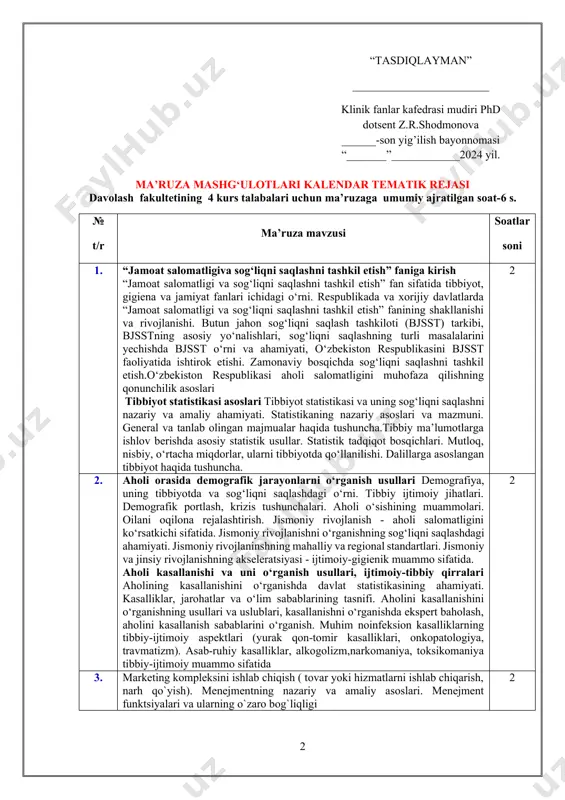 nisbiy, o‘rtacha miqdorlar, ularni tibbiyotda qo‘llanilishi. dalillarga asoslangan tibbiyot haqida tushuncha. 2 2. aholi orasida demografik jarayonlarni o‘rganish usullari demografiya, uning tibbiyotda va sog‘liqni saqlashdagi o‘rni. tibbiy ijtimoiy jihatlari. demografik portlash, krizis tushunchalari. aholi o‘sishining muammolari. oilani oqilona rejalashtirish. jismoniy rivojlanish - aholi salomatligini ko‘rsatkichi sifatida. jismoniy rivojlanishni o‘rganishning sog‘liqni saqlashdagi ahamiyati. jismoniy rivojlaninshning mahalliy va regional standartlari. jismoniy va jinsiy rivojlanishning akseleratsiyasi - ijtimoiy-gigienik muammo sifatida. aholi kasallanishi va uni o‘rganish usullari, ijtimoiy-tibbiy qirralari aholining kasallanishini o‘rganishda davlat statistikasining ahamiyati. kasalliklar, jarohatlar va o‘lim sabablarining tasnifi. aholini kasallanishini o‘rganishning usullari va uslublari, kasallanishni o‘rganishda ekspert baholash, aholini kasallanish sabablarini o‘rganish. muhim noinfeksion kasalliklarning tibbiy-ijtimoiy aspektlari (yurak qon-tomir kasalliklari, onkopatologiya, travmatizm). asab-ruhiy kasalliklar, alkogolizm,narkomaniya, toksikomaniya tibbiy-ijtimoiy muammo sifatida 2 3. mаrkеting kоmplеksini ishlаb chiqish ( tоvаr yoki hizmаtlаrni ishlаb chiqаrish, nаrh qo`yish). mеnеjmеntning nаzаriy vа аmаliy аsоslаri. mеnеjmеnt funktsiyalаri vа ulаrning o`zаrо bоg`liqligi 2 jami: 18 soat amaliy mashg‘ulotlari kalendar …