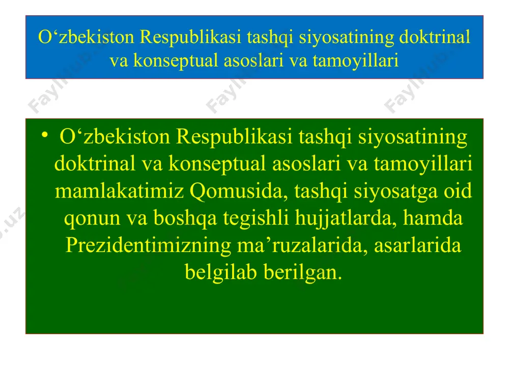 tirish. shuningdek, exht, evropa ittifoqi, nato, aqsh, rosiya, yaponiya, xitoy, germaniya, fransiya va boshqa davlatlar bilan demokratik tamoyillar asosida aloqalarni rivojlantirish o‘zbekiston respublikasi konstitutsiyasidagi xalqaro munosabatlardagi tashqi siyosatining huquqiy prinsiplari 1 davlatlarning suveren tengligi va chegaralar daxlsizligini hurmat qilish; 2 kuch ishlatmaslik yoki tahdid qilmaslik 3 inson huquq va erkinliklarini hurmat qilishi; nizolarni tinch yo‘l bilan hal etish 4 boshqa davlatlarning ichki ishlariga aralashmaslik 5 islom karimovning "o‘zbekistonning o‘z istiqlol va taraqqiyot yo‘li" asarida o‘zbekiston tashqi siyosatini amalga oshirishning amaliy prinsiplari milliy davlat manfaatlari ustun bo‘lgan holda o‘zaro manfaatlarni har tomonlama hisobga olish umumbashariy qadriyatlar ustuvorligi, xalqaro maydonda tinchlik va xavfsizlikni mustahkamlash mojarolarni tinchi yo‘l bilan hal etish teng huquqlilik va o‘zaro manfaatdorlilik, boshqa mamlakatlar ichki ishlariga aralashmaslik, tenglar orasida teng bo‘lish mafkuraviy qarashlardan qat'iy nazar ochiq-oydinlik, barcha davlatlar bilan keng aloqani o‘rnatish ichki milliy qonunlardan xalqaro huquq normalarining ustuvorligini tan olish ham ikki tomonlama ham ko‘p tomonlama tashqi aloqalarni …
