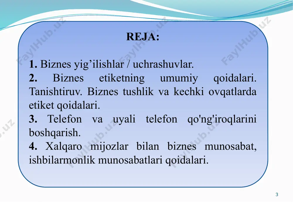 salbiy ta`sir ko`rsatadi. 12 biznes etikasi - bu kompaniyalar va ularning xodimlari ishbilarmonlik muhitida o'zini qanday tutishi kerakligini belgilaydigan printsiplar va standartlar tizimi. unda adolat, halollik, manfaatdor tomonlarga hurmat va ijtimoiy mas’uliyat masalalari ko‘rib chiqiladi. kasbiy hulq atvor qoidalarining buzilish holatiga (odat tusiga kirgan) misollar: ● yig'ilishlarga kechikish; ● topshiriqni belgilangan muddatda bajarmaslik; ● tanaffus paytida (kofe-break, chekish vaqti) sheriklarni kalaka qilish, kamsitish; ● iltifot bilan yordam so'rash o'rniga (huquq sifatida) talab qilish; ● bila turib yoki bilmasdan yaxshi kasbiy xulq-atvor qoidalariga e'tibor bermaslik. 14 biznes etikasi kompaniyaning obro'sini va mijozlar va hamkorlar bilan munosabatlarini shakllantirishda muhim rol o'ynaydi. sog'lom va professional ish muhitini targ'ib qiladi, bu umuman biznes muvaffaqiyatiga ta'sir qiladi. halollik, oshkoralik va ijtimoiy mas’uliyat muvaffaqiyatli biznesning ajralmas qismiga aylanadi. zamonaviy dunyoda biznes etikasi kompaniyalar, ularning mijozlari va jamiyat o'rtasida ishonchni mustahkamlashda muhim rol o'ynaydi. korporativ etika xodimlarning sadoqatini rag‘batlantiradi, kompaniya obro‘sini oshiradi va bugungi dinamik muhitda barqaror …
