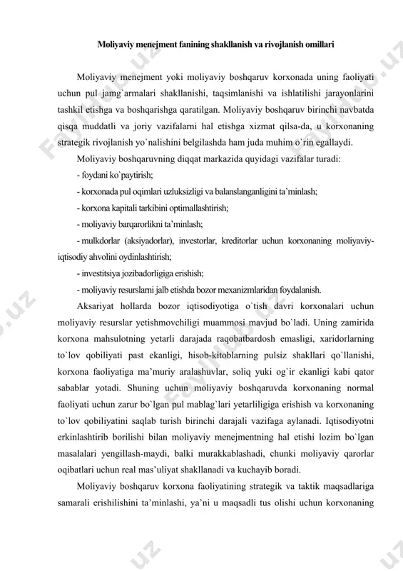 balki murakkablashadi, chunki moliyaviy qarorlar oqibatlari uchun real mas’uliyat shakllanadi va kuchayib boradi. moliyaviy boshqaruv korxona faoliyatining strategik va taktik maqsadlariga samarali erishilishini ta’minlashi, ya’ni u maqsadli tus olishi uchun korxonaning moliyaviy siyosati ishlab chiqilishi zarur. moliyaviy siyosat ishlab chiqilishi quyidagilarni ifodalaydi: · korxona moliyaviy-iqtisodiy ahvolini tahlil qilish; · korxonaning hisob siyosatini ishlab chiqish va soliq to`lovchi sifatidagi foaliyatini rejalashtirish; · aylanma mablag`larni, kreditorlik va debitorlik qarzdorligini boshqarish; · xarajatlarni taqsimlash va amortizatsiya siyosatini boshqarish; · dividend siyosatini tanlash. moliyaviy-iqtisodiy ahvolni tahlil qilishda korxona mulkiy tarkibi, moliyaviy qo`yilmalari, o`z kapitalini shakllantirish manbalari, qarz mablag`lari miqdori va manbalari aniqlab olinadi, korxonaga moddiy resurslar yetkazib beruvchilar va xaridorlar bilan o`zaro munosabatlar, sotishdan tushum hajmi va sotish miqdori baholanadi. tahlil uch asosiy yo`nalishda amalga oshiriladi. gorizontal tahlilda joriy davr ko`rsatkichlari avvalgi davrlar yoki reja (smeta) bilan taqqoslanadi. vertikal tahlilda umumiy yakuniy ko`rsatkichdagi alohida moddalar solishtirma og`irligini aniqlash va keyinchalik natijani o`tgan davr ma’lumotlari …