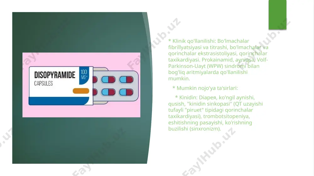 lgan bemorlarda ritmni ushlab turish uchun (doimiy bo'lmachalar fibrillyatsiyasida va yurak yetishmovchiligida qo'llanilmaydi). * mumkin nojo'ya ta'sirlari: * amiodaron: juda ko'p va jiddiy bo'lishi mumkin. o'pka fibrozi, qalqonsimon bez disfunktsiyasi (gipo- yoki gipertireoz, chunki tarkibida yod bor), jigar shikastlanishi, teri fotosensibilizatsiyasi (quyosh nuriga sezgirlik oshishi), korneada mikroyotqiziqlar (ko'rishga odatda ta'sir qilmaydi), bradikardiya, av-blokada, qt uzayishi. * sotalol: beta-blokerlarga xos nojo'ya ta'sirlar, qt uzayishi va "piruet" tipidagi taxikardiya xavfi (dozaga bog'liq). * dronedaron: jigar shikastlanishi, o'pka toksikligi, yurak yetishmovchiligining kuchayishi (ba'zi bemorlarda), diareya, ko'ngil aynishi. iv sinf: kalsiy kanallari blokerlari (nondihidropiridinlar: verapamil, diltiazem) * ta'sir mexanizmi: l-tipidagi sekin kalsiy kanallarini bloklaydi, ayniqsa sinus va atrioventrikulyar tugun hujayralarida. bu quyidagilarga olib keladi: * sinus tugunining avtomatizmini pasaytiradi (yurak urish tezligini kamaytiradi). * atrioventrikulyar o'tkazuvchanlikni sezilarli darajada sekinlashtiradi va av tugunning refrakterlik davrini uzaytiradi. * yurak mushaklarining qisqarish kuchini biroz kamaytiradi (manfiy inotrop ta'sir). * dihidropiridin kalsiy kanallari blokerlari (masalan, amlodipin, nifedipin) asosan …