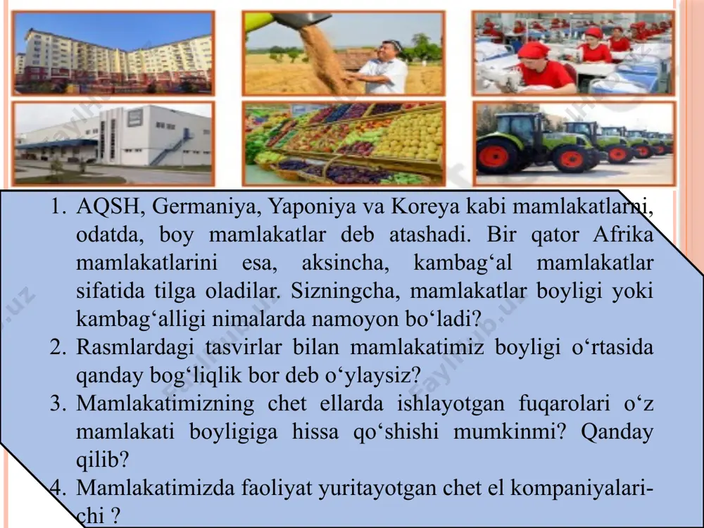 aimi bor. ko‘rsatkichlar har yili yangilanib va chop qilib boriladi. yalpi milliy mahsulot (yamm) — yil davomida mamlakat fuqarolari tomonidan (yer yuzining qayerida bo‘lishidan qat’i nazar) yaratilgan pirovard ko‘rinishdagi jami tovar va xizmatlarning bozor narxlaridagi umumiy qiymatidir. agar yaimdan mazkur mamlakat hududida chet ellik fuqarolar va firmalar tomonidan yaratilgan tovarlar qiymatini ayirib, bu mamlakat fuqarolari va firmalari tomonidan boshqa davlatlar hududida yaratilgan tovarlar qiymatini qo‘shsak, mazkur mamlakatning yalpi milliy mahsuloti (yamm) miqdori hosil bo‘ladi. yalpi ichki mahsulot (yaim) — mamlakat hududida bir yil mobaynida ishlab chiqarilgan, pirovard ko‘rinishdagi tovar va xizmatlarning bozor narxlaridagi umumiy qiymati. yalpi milliy mahsulot (yamm) — yil mobaynida mamlakat fuqarolari tomonidan (yer yuzining qayerida bo‘lishidan qat’i nazar) yaratilgan pirovard ko‘rinishdagi jami tovar va xizmatlarning bozor narxlaridagi umumiy qiymati. sof ichki mahsulot (sim) — yaimdan amortizatsiya ajratmasining ayrilganiga teng. ma’lumki, ishlab chiqarish jarayonida asbob-uskuna, bino kabi asosiy vositalar eskirib, ular narxining bir qismi shu vositalar ishtirokida tayyorlangan …