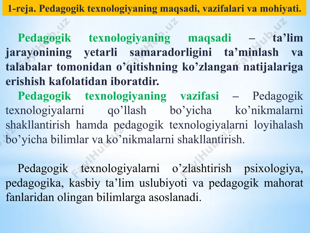 in. bu sharoitda, qanday qilib talabalarning to’la o’zlashtirishiga erishish mumkin? bunga erishishning uch yo’li bor: birinchi yo’l: o’zlashtirish mezonini pasaytirish, hozirgi paytda shundan foydalanayapti, shuning uchun ham hozirgi paytda o’quv materialini, o’quv fanini 60% o’zlashtirgan talaba o’zlashtirgan deb hisoblanadi. oliy ta’limning davlat ta’lim standarti kadrlarning saviyasi va tayyorgarlik darajasiga qo’yiladigan minimal talablar chegarasini belgilaydi. agar bu minimal talablar 60% ga o’zlashtirilsa, har bir fan bo’yicha talaba o’zlashtirishining umumiy integral bahosi qancha bo’ladi degan savol tug’iladi. tabiiyki bu yo’lning istiqboli yo’qdir. ikkinchi yo’l: professor-o’qituvchilar tarkibini faqatgina oliy darajali ajoyib professor va dotsentlar asosida tuzish. ularning har biri o’ziga xos o’qitish usullari va yo’llari tufayli tayyorgarlik darajasi butunlay har xil bo’lgan talabalarni to’la o’zlashtirishni ta’minlaydilar. haqiqatda, bir guruhda kirishdagi bali 80 dan 200 gacha bo’lgan talabalar o’qishi mumkin. bu yo’l – haqiqatdan uzoq, ideallashtirilgan yo’ldir. talabalarning hammasi iqtidorli bo’lmaganidek, professor-o’qituvchilar tarkibining hammasi ham iqtidorli, oliy darajali bo’la olmaydi. uchinchi yo’l: o’quv jarayoniga …