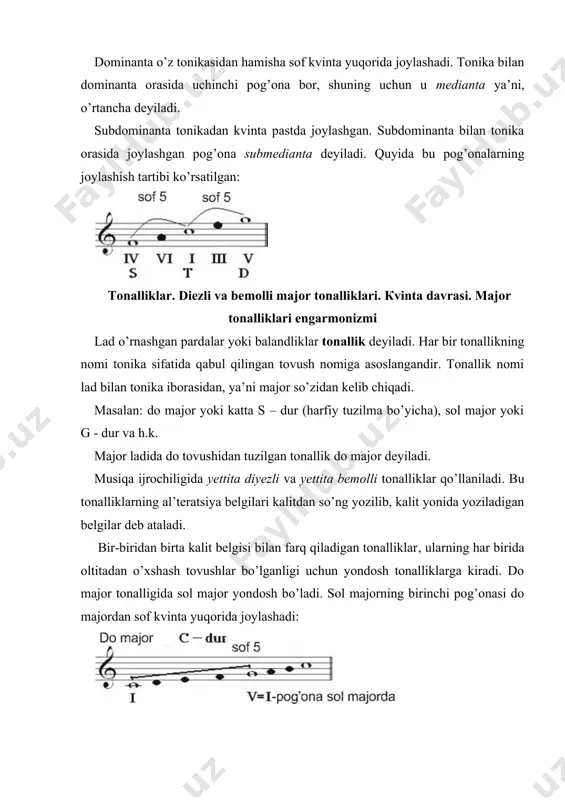 sida bosqichlar intervali quyidagi tartibda joylashadi: kat.2, kat. 2, kich.2, kat.2, kich.2, ort.2, kich. 2. garmonik major gammasining xarakterli xususiyatlaridan biri oltinchi va yettinchi pog’onalar orasida orttirilgan sekundaning hosil bo’lishidir. ushbu orttirilgan sekundaning ifodalanishi musiqa mazmunida o’ziga xoslikni hosil qiladi va musiqaning jozibadorligini oshiradi. musiqa amaliyotida melodik major garmonik majorga nisbatan kam uchraydi. melodik majorda vi va vii pog’onalar pasaytiriladi, xarakteri bo’yicha melodik major tabiiy minorga o’xshash bo’lib eshitiladi hamda kuyning pastga tomon harakatida qo’llaniladi. masalan: minor ladi. tabiiy minor gammasi turg’un tovushlari birin-ketin yoki bir vaqtda eshitilgan hamda kichik yoki minor uchtovushligidan hosil bo’lgan ladga minor ladi xe "минор лади" \b deb aytiladi. minor uchtovushligining turg’un tovushlari tertsiya bo’yicha joylashgandir. minor ladi harfiy tuzilma bo’yicha moll so’zi bilan yoziladi. masalan: lya minor yoki a-moll, do minor yoki c-moll. birinchi va uchinchi pog’onalar orasida kichik tertsiya, uchinchi va beshinchi pog’onalar orasida esa katta tertsiya mavjuddir. minor uchtovushligining ikki chetidagi tovushlar …