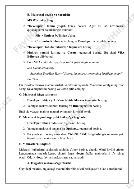 on.font.bold = true selection.font.italic = true selection.font.color = rgb(255, 0, 0) ' qizil rang end sub 4. makroslarni o'chirish yoki tahrirlash: agar makrosni o'chirish yoki tahrirlash kerak bo'lsa, developer tabida macros tugmasini bosib, mavjud makrosni tanlang va delete yoki edit tugmalarini bosing. image1.jpeg image2.jpeg