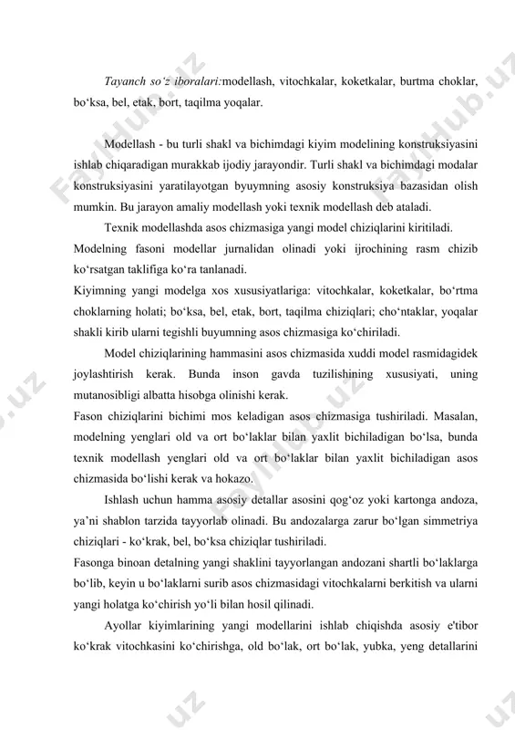 ‘krak vitochkasini ko‘chirishga, old bo‘lak, ort bo‘lak, yubka, yeng detallarini kengaytirishga yoki toraytirishga, shu detallarning uzunligini va mutanosibligini o‘zgartirishga qaratiladi. ko‘ylak fasoniga binoan ko‘krak vitochkasi detalning istalgan qirqimida bo‘lishi mumkin. bu vitochkani old bo‘lak o‘rtasi, yeng o‘mizi qirqimi, yoqa o‘mizi qirqimi, yon qirqimi va bel chiziqlariga ko‘chirish mumkin. vitochkani fasonga muvofiq, yangi holatga ko‘chirish uchun awal vitochkaning ko‘chirilish chizig‘i asos chizmasida o‘tkazilishi kerak. bu chiziq doim ko‘krak vitochkaning uchidan, ya’ni ko‘krak markazi bilan vitochka ko‘chiriladigan qirqimdagi nuqtadan o‘tishi kerak. old bo‘lak andozasining shabloni kiritilgan yangi chiziq buylab qirqiladi-da, ko‘krak vitochkasi yopiladigan qilib suriladi. vitochka tomonlarini bir-biriga to‘g‘rilab to‘g‘nag‘ich bilan to‘g‘naladi. qirqilgan chiziq bo'ylab xuddi asosiy vitochka kengligiga teng yangi vitochka hosil bo‘ladi. bu vitochka birmuncha kalta yoki uzun bo‘lishi mumkin, lekin bu vitochka xuddi asosiy vitochka hosil kilganidek, hajm hosil qiladi. yon qirqim chizig‘ida nuqta belgalab olinadi. nuqtaning o‘rni yon chiziqning belgacha bo‘lgan uzunligining taxminan 1/3 qismida belgilanadi. bu nuqtani …