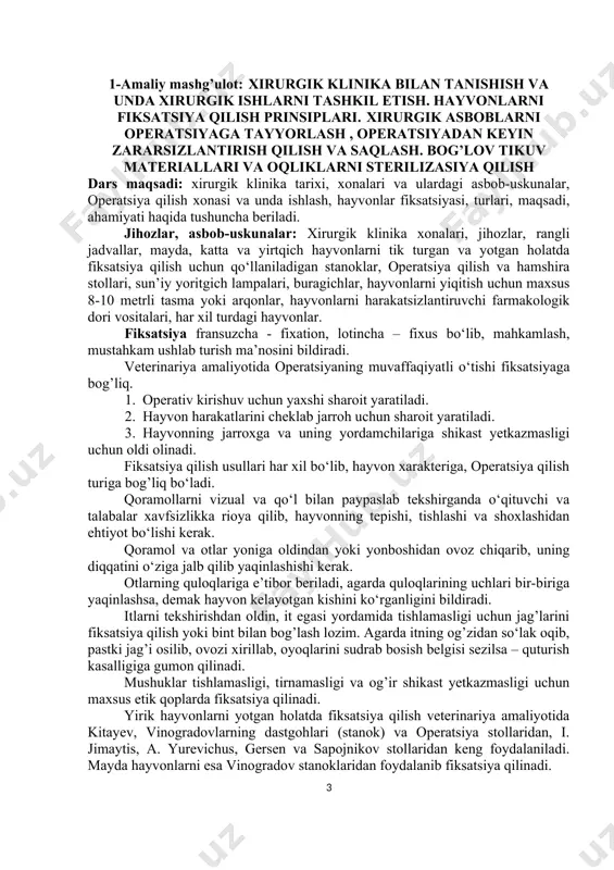ish usullaridan ko‘proq yuqorigi labiga buragich qo‘llash, oldingi birorta oyog’ini qo‘l yoki xelkovskiy xalqasi yordamida ko‘tarib turish, otni jilovlab jilov ipini qoziqqa bog’lash, ayrim holda ko‘zlari yopiladi, nuxta qattiq tortilib kuch bilan qisib ushlash va stanoklardan foydalaniladi. otlarga – tik orqadan, qoramollarga yonbosh tomondan yaqinlashish mumkin emas. sababi otlar tik orqaga, qoramollar yonboshga tepish xususiyatiga ega. hayvonlarni fiksatsiya qilishda maxsus usullardan foydalanish burash usuli (zakrutka). burash usulini qo‘llash uchun ilmoqli xalqa yumshoq baquvvat arqondan yasaladi, uning diametri 10-12 sm bo‘ladi. yasalgan halqa baquvvat yog’och temir dastaga o‘rnatiladi. uni ishlatish uchun chap qo‘lning hamma panjalarini halqaning ichidan o‘tkazilib, keyin labini yoki qulog’ini ushlab halqaning ichidan o‘tkaziladi va dastani o‘ng qo‘l bilan buraydi. tekshirish tugagach halqa molning labidan yoki qulog’idan bo‘shatib olinadi, keyin buralgan deb yoki quloq qo‘l kafti bilan ishqalanib qon aylanish jarayonining asl holatiga keltirishga harakat qilinadi. bu usulni 15-20 minutdan ko‘p qo‘llash mumkin emas. qoramollar uchun garmonning burun qisqichi …
