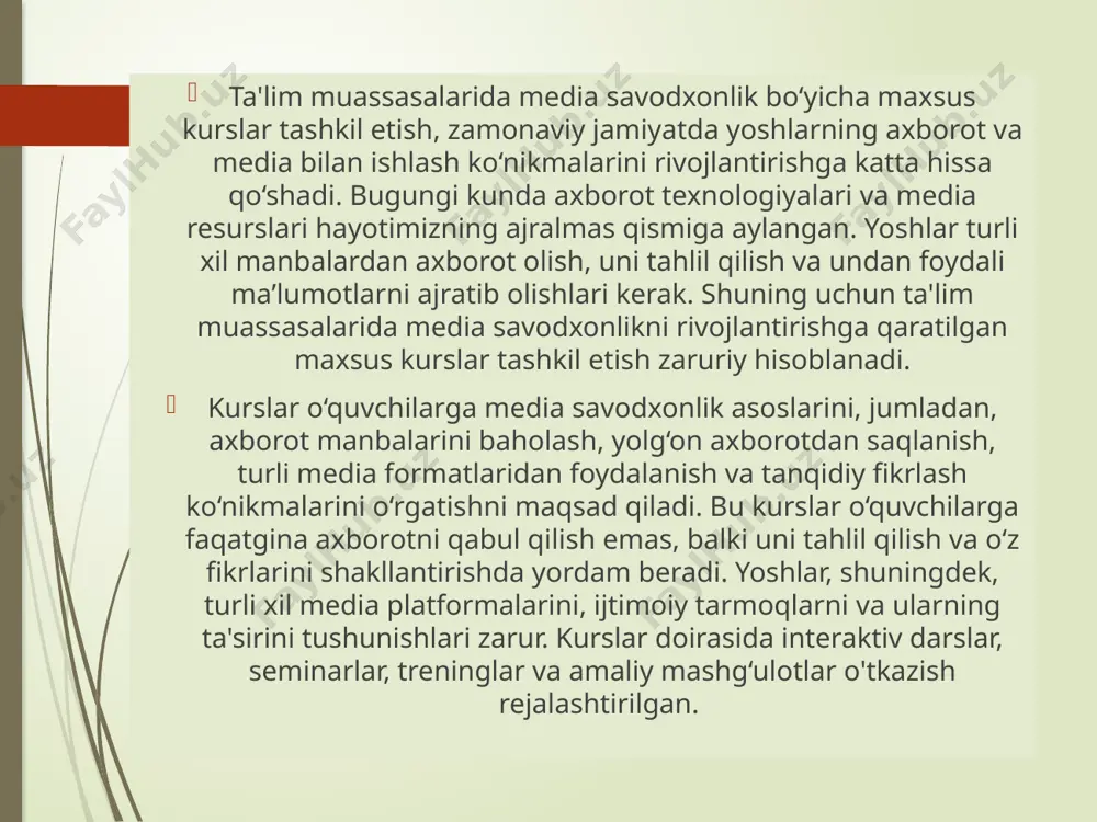 ayn xurujlardan saqlanish va ishonchli axborot manbalarini tanlashni o‘rganishlari muhimdir. bunday bilimlar yoshlarni ijtimoiy tarmoqlarda va internetda faol ishtirok etishlariga yordam beradi, ularni mas'uliyatli va ongli foydalanuvchilarga aylantiradi. maxsus kurslar o‘quvchilarga nafaqat nazariy bilimlar, balki amaliy ko‘nikmalarni ham berishi kerak. buning uchun o‘quv dasturi doirasida media loyihalarini yaratish, videolar tayyorlash, blog yozish yoki ijtimoiy tarmoqlarda kontent yaratishni o‘rganish kiritilishi mumkin. o‘quvchilar o‘z ijodiy qobiliyatlarini namoyish etish imkoniyatiga ega bo‘ladilar va bu ularning media savodxonligini oshirishga yordam beradi. kurslar samaradorligini baholash uchun turli metodologiyalarni qo‘llash zarur. o‘quv jarayonida o‘quvchilar tomonidan yaratilgan media loyihalarini, ular tomonidan olingan natijalarni va o‘z fikrlarini tahlil qilish orqali baholash mumkin. shuningdek, o‘quvchilarning fikr-mulohazalari va o‘zgarishlarini kuzatish ham baholash jarayoniga kiritilishi kerak. ta'lim muassasalarida media savodxonlik bo‘yicha maxsus kurslar tashkil etish, nafaqat yoshlarning axborotga bo‘lgan munosabatini o‘zgartiradi, balki ularning tanqidiy fikrlash qobiliyatini rivojlantiradi, ijtimoiy mas'uliyatini oshiradi va jamiyatda axborot xavfsizligini ta'minlashga yordam beradi. yoshlar o‘zlarini zamonaviy axborot …