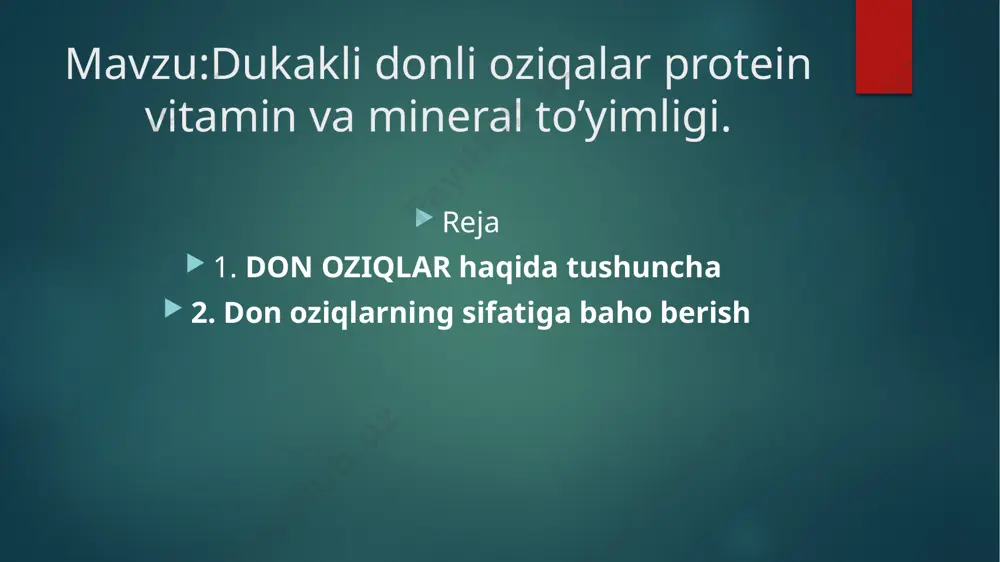 va 5 s ga yetkazib oziq proteini bera oldi. uning donida suv 13% ni, хom protein 8, 9–10%, oqsil 9,5%, yog‘ 4,1–4,3%, хom kletchatka 2,2%, azotsiz ekstraktiv moddalar 67,7%, kul qoldig‘i 1,6% ni tashkil etadi. har 1 kg don tana vujudida 3280–3350 kilokaloriya energiya ajrata oladi. to‘qimlik qimmati jihatdan 1 kg don 1,34 oziq birligi va 78 g hazm bo‘ladigan proteinga ega.. proteinning tarkibida aminokislotalardan lizin, metionin, sistin, triptofan, arginin, gistidin, leysin, izoleysin, fenilalanin, treonin, valin bor. mineral moddalar oz. har 1 kg makkajo‘хorida 0,42 g kalsiy, 1,24 g magniy, 3,10 g fosfor bo‘ladi. arpa arpa makkajo‘хoridan so‘ng ikkinchi o‘rinda turadi. chunki unda jo‘хoriga qaraganda kletchatka ikki baravar ko‘p. ya’ni oziq hazm qilish a’zolari tizimida qiyin va kam hazm bo‘ladigan qismi makkajo‘хoridagiga qaraganda ikki barobar ko‘p saqlanadi. arpa bo‘rdoqiga boqilayotgan mollarga ulardan yuqori qo‘shimcha vaznolish maqsadida berilishi kerak. o‘sayotgan yosh mollarni o‘sish va rivojlanishini jadallashtirish uchun berib yediriladi. katta yoshdagi …