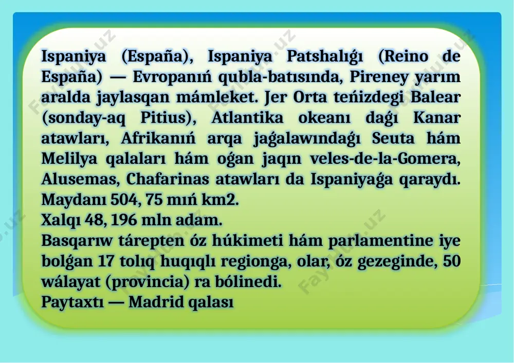 spaniya avtomagistralları da pireney boylap fransuz avtomagistral tarmaǵı menen baylanısqan.[5]tiykarǵı poyezd operatorı — renfe, sonday-aq ave (ispaniya tez júrer poyezdi) yamasa talgo qalalararo xızmetlerin bar. ispaniyanıń tezjurer temirjolı evropadaǵı eń úlken hám dúnyada qıtaydan keyin ekinshi orında turadı. bunnan tısqarı, transkantabriko sıyaqlı bir qatar joqarı dárejedegi turizmge jóneltirilgen mıymanxana -poyezd xızmetlerin bar.[6] bul jerdegi jazǵı jónelislerdiń geyparaları dúnya boylap ataqlı. mısalı, malaga provinsiyasidaǵı marbella yamasa kadis provinsiyasidaǵı sotogrande, da sayaxatshılar, da úlken satıp alınǵan zat qábiletine iye jazǵı xalıq ushın mólsherlengen. malaga qalası kosta-del-solning dıqqatqa iye ornı, sonıń menen birge, ispaniyanıń eń iri portlarınan biri bolıp, bulmanǵa tez-tez kruiz kemeleri keledi.[10] bir neshe civilizatsiyalar kóshe kesispesinde jaylasqan ispaniya sayaxatshılarǵa bir qatar tariyxıy qala hám qalashalardı usınıs etedi. tiykarǵı jónelisler qatarına ispaniyanıń eki eń iri qalaları kiredi: madrid hám barselona.[15] olar evropadaǵı eki jetekshi qala baǵdarları esaplanadı. eki aymaqta da dıqqatqa iye jaylar kóp: olardıń sawda, tálim, ǵalaba xabar quralları, pán, …