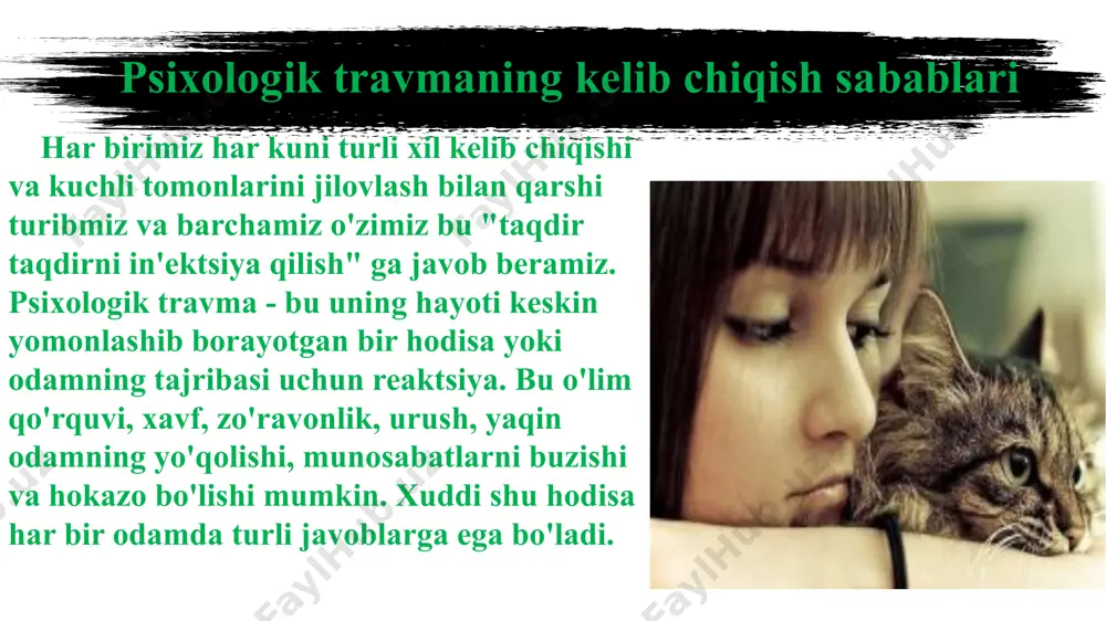 ri bir xil hodisaga nisbatan reaktsiyalarni yuzaga keltiradigan bir necha omillarga bog'liq: a b agar jiddiy og'riq bilan duch kelgan odam, psixologik jarohatlardan qanday qutulish kerakligini so'rasa, u qutqarish uchun yarmi bo'ladi. biz qanday travmatizm haqida gapirishimizdan qat'i nazar, e'tiborimizni kelajakka, orzularga, rejalarga, odamlarning hayotiga davom etishga arziydigan e'tiborga jamlashimiz kerak. psixologik terapiyasi yordamida biz bemor to'g'ridan-to'g'ri ko'rsatadigan kasallikning rivojlanishiga hissa qo'shgan travmatik xotiraga murojaat qilamiz, chunki u asab tizimida yozilgan, tabiiy axborotni qayta ishlash tizimini faollashtirishga ko'maklashish va shuning uchun azoblangan alomatlarning remissiyasi. funktsional bo'lmagan ma'lumotlarga e'tibor qaratish orqali natijalarga odatdagidan kamroq vaqt ichida erishiladi. ovozlar, bir-biri bilan travmatik hodisa bilan bog'liq hidlar, fikrlar, tasvirlar va hislar. inson nima bo'lganini eshitadigan tarzda qayta ishlash. gipnoz: boshqa odatiy texnika travmatik hodisani engishga yordam berish. bunday holda, bemor bo'shashadi, ammo hushyor va kortikal faollik kamayadi. bu xotiralarni tiklashga va his-tuyg'ularga salbiy ta'sirni kamaytirishga yordam beradi. ehtiyotkorlik yondashuvi: u aqliy mashqlarga asoslangan …
