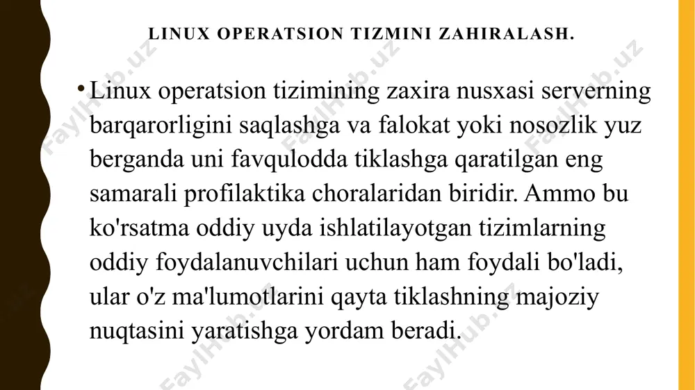 g oson usuli bo’lib, hech qanday yordamchi dasturlarini o'rnatish ehtiyoji bo’lmaydi. o’rnatilgan paketlar ro'yxatini zaxiralash linux ubuntuni zaxira qilishning eng oson usuli, bu usulni linuxmintda mintbackup dasturi qo’llaydi, o'rnatilgan to'plamlarning zaxira ro'yxatini olishdir. bu usulda butun konfiguratsiya nusxasi saqlanmaydi, ammo o'rnatilgan barcha dasturlarni tezda tiklash mumkin bo’ladi. agar eng ko'p konfiguratsiya fayllari foydalanuvchining uy papkasida bo'lishini va qayta o'rnatishda ular o'chirilmasligini hisobga olinsa, boshqa fayllarni zaxiralash katta muammo bo’lmaydi va bunday zaxira bir necha kilobayt xajmga ega bo’ladi. zaxira nusxasini olish uchun quyidagi buyruq kiritiladi: dpkg --get-selections | grep -v deinstall > backup.txt natijada olingan faylni xavfsiz joyga nusxalash kerak bo’ladi. tizim buzilsa, uni o'rnatish vositalaridan qayta o'rnatib shunchaki quyidagi buyruqlarni bajarish kerak: sudo dpkg --set-selections < backup.txt sudo apt -y update sudo apt-get dselect-upgrade paketlar ro'yxati bo’lgan faylni joriy papkaga joylashtirish kerak. shunday qilib, oldindan o'rnatilgan dasturlarni minimal vaqt sarflash bilan tezda qaytarish va bir vaqtning o'zida toza tizimni …