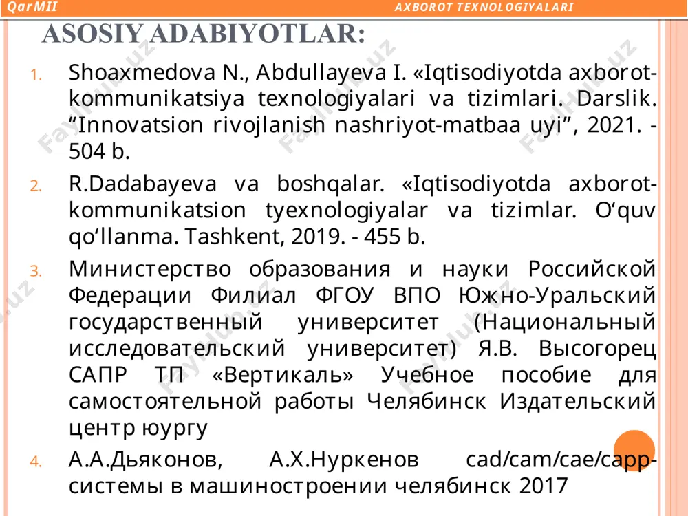 lishi kerak. 1 -> 2 -> 3 -> 4 algoritmning diskretlilik xossasi 2-xossa. tushunarlilik, ya’ni ijrochiga tavsiya etilayotgan ko’rsatmalar uning uchun tushunarli bo’lishi shart, aks holda ijrochi oddiy amalni ham bajara olmay qolishi mumkin. har bir ijrochining bajara olishi mumkin bo’lgan ko’rsatmalar tizimi mavjud. algoritmning tushunarlilik xossasi 3-xossa. aniqlik, ya’ni ijrochiga berilayotgan ko’rsatmalar aniq mazmunda bo’lishi lozim hamda faqat algoritmda ko’rsatilgan tartibda bajarilishi shart. algoritmning har bir qoidasi aniq va bir qiy­matli bo’lishi zarurki, bunda vaqtning biror daqiqasida olin­gan miqdorlar qiymati vaqtning shundan oldingi daqiqasida olingan miqdorlar qiymati bilan bir qiymatli aniqlangan bo’ladi. algoritmning aniqlilik xossasi 4-xossa. ommaviylik, ya’ni har bir algoritm mazmuniga ko’ra bir turdagi masalalarning barchasi uchun yaroqli bo’lishi lozim. algoritm. bitta masalani yechish uchun emas balki shunga o’xshash turdosh masalalar sinfini hal etish uchun xizmat qiladi. algoritmning ommaviylik xossasi 5-xossa. natijaviylik, ya’ni har bir algoritm chekli sondagi qadamlardan so’ng albatta natija berishi lozim. algoritm masalaning yеchimiga chеkli …