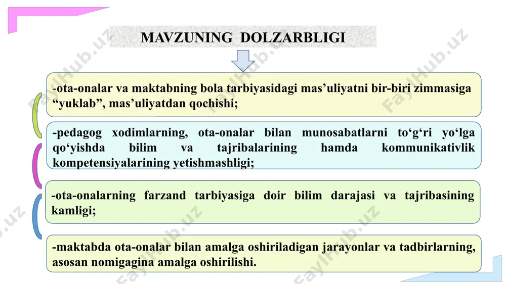 m olish huquqini kafolatlaydi va ota-onalarning farzandlarini ta’lim olishga jalb qilish majburiyatini belgilaydi. o‘zbekiston respublikasining “ta’lim to‘g‘risida” qonuni, o‘rq-637-son, 2020-yil 23-sentabr: – ushbu qonun ota-onalar va pedagoglar o‘rtasidagi munosabatlarning asoslarini belgilaydi. unda ota-onalarning ta’lim olish jarayonidagi huquq va majburiyatlari, shuningdek, o‘qituvchilarning huquqiy maqomi va vazifalari mustahkamlab qo‘yilgan. o‘zbekiston respublikasi xalq ta’limi vazirining “umumiy o‘rta ta’lim muassasasining kuzatuv kengashi haqidagi namunaviy nizomi to‘g‘risida” 2018-yil 26-dekabrdagi 16-mh-son buyrug‘i. o‘zbekiston rrespublikasi maktabgacha va maktab ta’limi vazirining “umumiy o‘rta ta’lim muassasasi direktorining ma’naviy-ma’rifiy ishlar bo‘yicha o‘rinbosari va sinf rahbarlarining lavozim yo‘riqnomasini tasdiqlash to‘g‘risida” 2023-yil 27-iyundagi 190-sonli “umumiy o‘rta ta’lim muassasasining takomillashtirilgan namunaviy odob-axloq qoidalarini tasdiqlash to‘g‘risida” 2023-yil 31-avgustdagi 282-sonli; “maktabgacha va umumiy oʻrta taʼlim tashkilotlarida maʼnaviy-maʼrifiy ishlar samaradorligini yanada oshirish toʻgʻrisida” 2024-yil 23-avgustdagi 273-sonli buyruqlari. 1. r.mavlonova, n.raxmonqulova, b. normurodova. tarbiyaviy ishlar metodikasi - toshkent, 2010-yil. 2. s. djurayeva, n. turdiyeva, a.baxronova. tarbiyaviy ishlar metodikasi.- buxoro, 2021-yil. 3. m. ishanova. oila pedagogikasi- andijon, 2019-yil. …