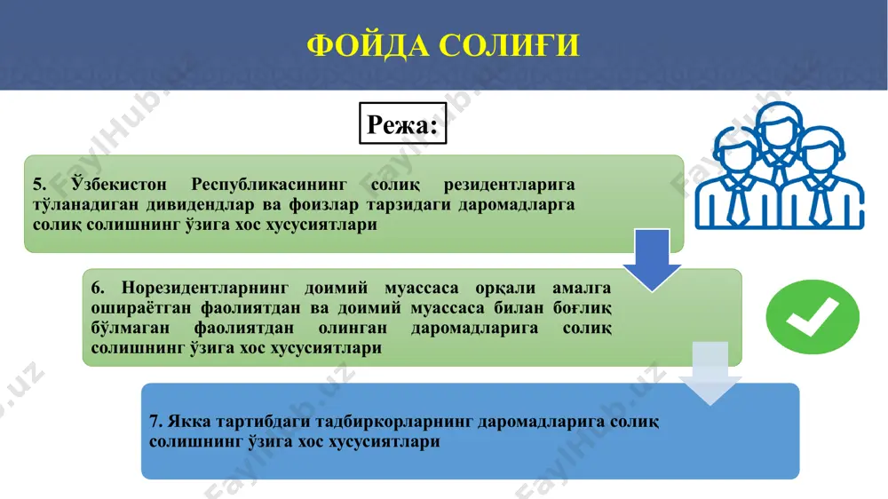 лаб чиқаришни диверсификациялаш; маҳсулотларни сотиш бозорини кенгайтириш ва бошқалар. корхона фойдасини бошқаришнинг асосий мақсади бўлиб ҳисобот даврида фойдани ташкил этиш ва шакллантириш, шунингдек тақсимлашининг асосий суръатларини ва бу ҳаракатни келтириб чиқарган асосий омилларни аниқлаш бўлиб ҳисобланади корхона фойдасини бошқаришнинг биринчи босқичида корхона баланс фойдаси умумий суммаси ўзгариши ва ҳисобот даврида унинг товар айланишига нисбатан ўзгариши даражаси кўриб чиқилади, бу кўрсаткичларнинг эришилган амалий қийматларининг режадагисидан фарқланиши (четланиши) аниқланади. иккинчи босқичи корхона баланс фойдасининг унинг асосий турлари бўйича таркиби кўриб чиқилади. бунда асосий эътибор корхонада товарлар сотилиши умумий суммаси, даражаси ва улуши ўзгаришига қаратилади. учинчи босқичи корхонанинг алоҳида маъсулият марказлари бўйича фойда шакллантирилиши кўрсаткичлари кўриб чиқилади. ўзбекистон республикасида фойда солиғининг ривожланиш босқичлари 1. ўзбекистон республикасининг 1991 йил 15 февралда қабул қилинган “корхона, ташкилотлар ва бирлашмалардан олинадиган солиқлар тўғрисида”ги қонунига биноан – таркибига фоизлар ва меҳнат ресурслари учун тўловларни олувчи фойда солиғи жорий қилинди. 3. 1995 йил январидан эса, ўзбекистон республикаси президентининг “ўз …