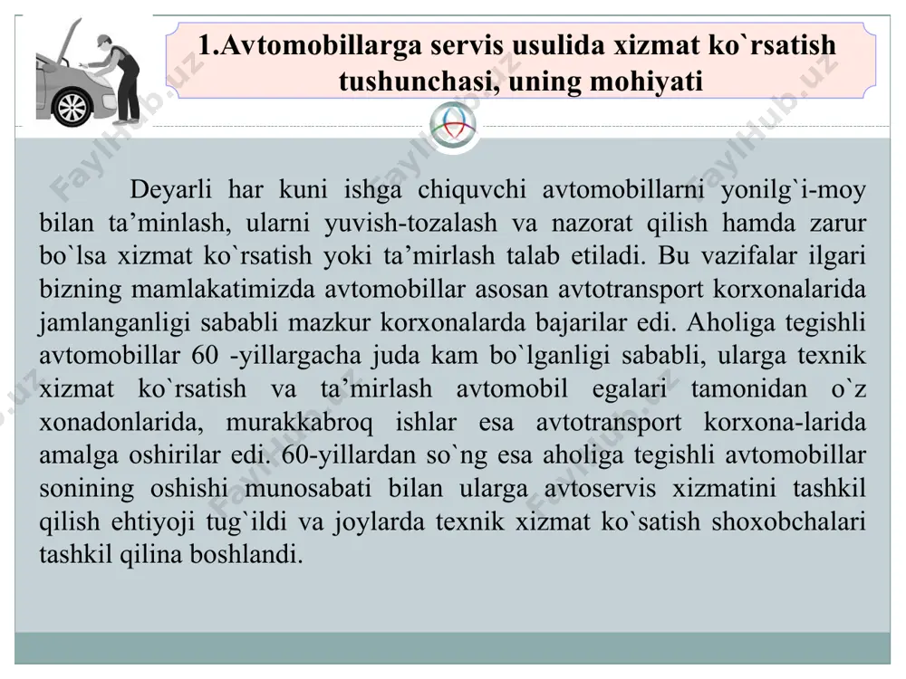 i rasmiy ravishda boshladi. ikkinchi davr (1971-81 yillar) - avtoservisning rivojlanishi respublika aholisi avtomobil parkini keskin o`sib borishi bilan birga kuzatildi. bu davrda respublika avtoservisi butunlay yangi, firma usulida xizmat ko`rsatuvchi – avtovaztexxizmat va - kamaztexxizmatlar kelib qo`shildi. avtoservisning moddiy-texnika bazasi jiddiy ravishda mustahkamlandi. uchinchi davr (1981-90 yillarda) – avtoservisning rivojlanishi korxona tarmoqlari va tarkibining yanada o`sishi, ularning moddiy-texnika bazasini yanada mustahkamlanishi bilan belgilanadi. avtoservis korxonalari tarmoqlarining o`sishi, eng avvalo, avtomobil zavodlariga qarashli firma usulida xizmat ko`rsatuvchi -avtovaz, -azlk, avtozaz, -avtogaz va boshqa shirkat shaklidagi mustaqil servis korxonalarining tashkil qilinishi va ishga tushirilishi bilan bog`liqdir. to`rtinchi davr (1991-96 yillar) - avtoservisning rivojlanishida, butun mdh dagi siyosiy, iqtisodiy-ijtimoiy tanazzul sababli turg`unlik, hatto chekinishlar yuz berdi. ko`rsatilayotgan xizmatlar hajmi keskin kamaydi, ko`pgina korxonalar, ayniqsa, shirkat usulida tashkil bo`lganlari yopildi. muxandis-texnik xodimlar, mutaxassislar va ishchilarning anchagina qismi boshqa ishlarga o`tib ketishdi. chunki mamlakatning iqtisodiy va moliyaviy ahvoli juda murakkab tanazzul holda edi. 2. …
