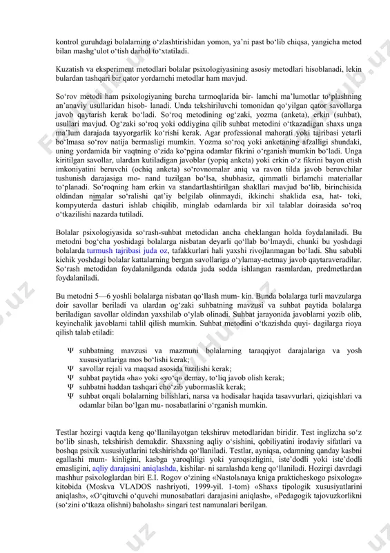 i shunday bo‘ladi, deb o‘ylashi mumkin. buning natijasida odam o‘z subyektiv kuzatishlaridan noto‘g‘ri xulosa chiqaradi. bu metoddan ayrim hollarda ehtiyotkorlik bilan tanqidiy tarzda foydalanish mumkin. bolalar psixologi- yasida subyektiv, ya’ni o‘z-o‘zini kuzatishdan foydalanilmaydi. psixologiya fanida obyektiv kuzatish, ya’ni tashqi kuzatish metodidan ham keng foydalaniladi. obyektiv kuzatish metodi har doim ma’lum maqsadga qaratilgan bo‘lib, uning yordamida kishilarning turli psixik jarayonlari (sezgilari, idroklari, xotira va tafakkurlari) hamda shaxsiy psixologik xususiyatlari (qobili- yatlari, layoqatlari, temperamenti, xarakteri) o‘rganiladi. tashqi kuzatish hamma vaqt ma’lum bir maqsadga qaratilgan bo‘lib aniq bir reja bilan kuzatishni taqozo etadi. reja bilan kuzatilganda u yoki bu psixik jarayon atroflicha chuqur o‘rganiladi. lekin shunga qaramay tashqi, ya’ni obyektiv kuzatish metodining salbiy tomonlari ham bordir. obyektiv kuzatish metodi bilan tekshirishning asos iy xususiyati shundan iboratki, bunda biron-bir psixik jarayon tabiiy sharoitda qanday yuz bersa, xud-di shundayligicha olib tekshiriladi. bu ma’lum noqulayliklar tug‘diradi, chunki ayni shu psixik jarayonning biron tomonida chuqurroq tabiiy sharoit …