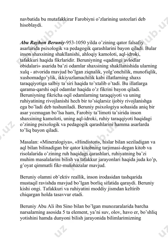 nadi. chunki uning asarlari jahonning hamma tillariga tarjima qilingan va o’zining hayotligi paytida evropada avitsina nomi bilan, uning asarlari ta’lim maskanlarida o’quv quroli sifatida foydalangan. uning «tabobat qonuni» asari o’sha davrdagi , keyingi davrdagi va hozirgi davrida ham tibbiyot sohasidagi olimlarning qo’llanmasi hisoblanadi. ibn sino «juda og’ir va mashaqqatli hayot kechirgan» shunga qaramasdan ilm-fanning hamma sohalarida o’zining o’chmas izini qoldirgan. ibn sino jahonda birinchi bor psixologiya fanida tajriba amalga oshirgan alloma hisoblanadi. u emotsional holatlar bo’yicha dastlabki tajribalarni amalga oshirgan. uning «tadbiri manozil» asarida ta’lim-tarbiyada uning psixologik asoslariga alohida e’tibor bergan. bu asarda alohida bob bo’lib, bu bob boalarni tarbiyalash, maktabda o’qitish deb nomlanadi. ibn sino birinchi bor tarbiyada suhbat metodini qo’llashni taklif etadi. bolalarni o’qitishda va tarbiyalashda bir guruhda yoki jamoada tarbiyalansa, ular faoliyat turlarini amalga oshirishda bir-biriga moslashadi, bir-biriga hurmat-e’tibori kuchayadi va jamoaning ta’sirida eraksiz odatlarni yo’qotadi deb ta’kidlaydi. bu bilan u birinchi bor ijtimoiy psixologiya asoslariga ham …