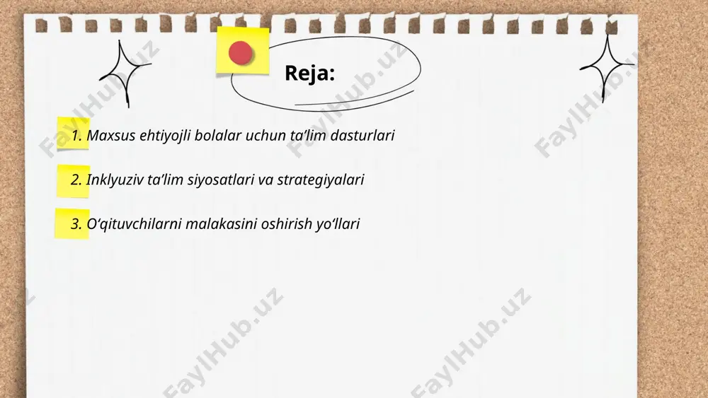 ash boʻyicha seminarlar oʻtkazish, bu oʻqituvchilarning 70% malakasini oshiradi. onlayn kurslar orqali pedagogik metodlar va jarayonlarni oʻrganish, ularda qatnashuvchilar soni yildan-yilga 30% oshmoqda. xorijiy tajribani oʻrganish uchun konferensiyalar tashkil qilish, bunda ishtirokchilar soni oʻrtacha 200 nafarni tashkil etadi. har yili professional rivojlanish dasturlariga 5000 oʻqituvchi jalb etilib, ularning 85% i malakasini samarali oshiradi. interfaol darslarda zamon talablari asosida modellar qoʻllanilishi bilim samaradorligini 25% ga oshiradi. ... t.me/slaydai_bot ota-onalar ishtirokini ta’minlash ta’lim jarayonida muhim ahamiyatga ega. tadqiqotlarga ko‘ra, ota-onalar farzandlarining maktab hayotida faol qatnashsa, bolalarning o‘qish darajasi 15% ga oshadi. o‘quvchilarning 70% i ota-onalari nodavlat tadbirlarda ishtirok etsa, o‘zini maktabda qulay his qiladi. har haftada kamida bir marta uyda maktabda o‘tilgan mavzularni ota-onalar bilan muhokama qilgan bolalar sinovlarda 20% yaxshiroq natija ko‘rsatishi mumkin. ota-onalar uchun maxsus dasturlar tashkil etilgan maktablarning 80% i o‘quvchilarning ijtimoiy, emotsional va akademik rivoji uchun foydali deb topilgan. ... t.me/slaydai_bot 2023-yilda oʻzbekiston taʼlim muassasalarida infratuzilmani rivojlantirish maqsadida …