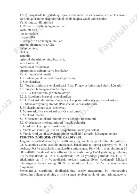 ngaboqar, olivka va joʼxori yogʼini koʼp isteʼmol qilish kerak. 5. ovqat ratsionida oddiy va murakkab uglevodlar nisbatini oʼzgartirish. tavsiya qilinadigan kam yogʼli parhezda uglevodlar 55-60 % tashkil qiladi. bunda, konditer mahsulotlarda boʼladigan tez hazm boʼladigan oddiy uglevodlar (shakar, konfetlar, murabbo, asal va boshqalar) ni isteʼmol qilishni toʼxtatish yoki keskin kamaytirish kerak. uglevodlar organizmga poliz mahsulotlari, koʼkatlar, shirin boʼlmagan hoʼl mevalar sifatida kirish kerak. 6. xolesteringa boy maxsulotlarni isteʼmol qilishni keskin kamaytirish. sutkasiga organizmga kirayotgan umumiy xolesterinning miqdori 300mg boʼlishi kerak. xolesteringa boy mahsulotlar: buyrak, treskaning konservatsiya qilingan jigari, mol jigari, qizil va qora ikra, krevetka, krablar, kalmarlar, qoʼy, mol va choʼchqa yogʼi, parranda goʼshti va boshqalar. fitoterapiya: 1. naʼmatak (mevalari) – 15 g, botqoq gnafaliumi (oʼti) – 10 g, oq qayin (barglari) – 10 g, qalampir yalpiz (oʼti) – 10 g, sabzi (mevalari) – 10 g, tikanli eleuterokokk (ildizi) – 15 g, oʼtkir bargli sano (mevalari va barglari) – 10 …