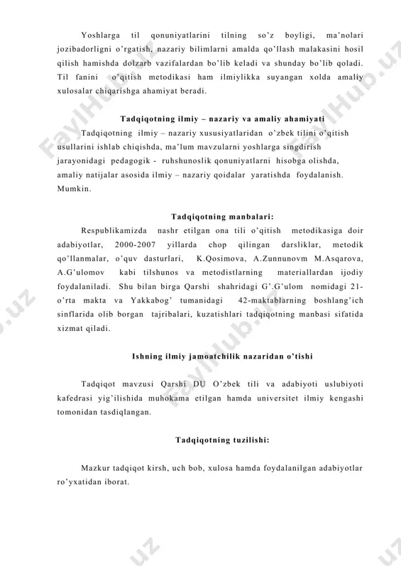 du o’zbek tili va adabiyoti uslubiyoti kafedrasi yig’ilishida muhokama etilgan hamda universitet ilmiy kengashi tomonidan tasdiqlangan. tadqiqotning tuzilishi: mazkur tadqiqot kirsh, uch bob, xulosa hamda foydalanilgan adabiyotlar ro’yxatidan iborat. i bob. boshlang’ich sinflarda og’zaki va yozma inshoning turlari insho o’quvchining ma’lum bir mavzuni mustaqil ravishda ochib bera olish va o’z fikrlarini yozma shaklda to’g’ri ravon savodli bayon qila olish ko’nikma va malakalarini namoyish etuvchi ijdoiy matn- kichik bir asardir. insho arabcha so’z bo’lib, ”yaratish” “bino qilish”, ”qurish” ma’nosini beradi. hozirgi tilimizda bu so’zning ma’nosi ancha toratib, asosan o’quvchi va talabalar tomonidan yoziladigan ”ijodiy yozma ish” ma’nosida qo’llaniladi. ma’lumki inshoning barcha turi ijodiy xarakterga ega, albatta ammo ijodiy tajriba xarakterdagi insholarda hayotiy voqeralar haqidagi shaxsiy mulohazalar o’z ifodasini topishi bilan birga, o’quvchilarning original ish-asar yaratishga intilishlari ham asta-sekin o’sib boradi. shuning uchun bu xil yozma ishlarga nisbatan ”ijodiy insho” turining qo’llanilishi bejiz emas. insho muallifning ma’lum bir mavzu asosida o’z fikrlarini …
