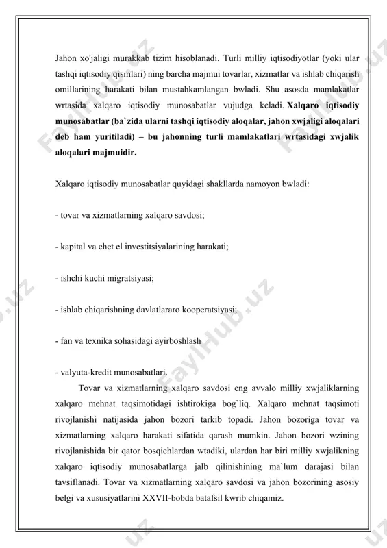 i mumkin; - qisqa va uzoq muddatli kreditlar shaklida; - ssuda va tadbirkorlik kapitali shaklida. ssuda shaklidagi kapital quyilmalar bwyicha foiz, tadbirkorlik shaklidagi kapital esa foyda keltiradi. tadbirkorlik kapitali twg`ridan-twg`ri va portfelli investitsiyalardan iborat bwladi. twg`ridan-twg`ri investitsiyalar shu kapital hisobiga qurilgan ob`ekt (korxona)lar ustidan nazorat qilish huquqini beradi, portfelli investitsiyalar esa bunday huquqni bermaydi. u odatda aktsiya paketlari hamda obligatsiya va boshqa qimmatli qog`ozlar shaklida beriladi. xalqaro iqtisodiy munosabatlarning ancha murakkab jihatlaridan biri ishchi kuchining xalqaro migratsiyasi hisoblanib, u wz ifodasini ishchi kuchi resurslarining ancha qulay sharoitda ish bilan ta`minlash maqsadida bir mamlakatdan boshqasiga kwchib wtishida topadi. xalqaro migratsiya jarayonini iqtisodiy omillar bilan birga siyosiy, etnik, madaniy, oilaviy va boshqa tavsifdagi omillar ham taqozo qiladi. xalqaro migratsiya ikkita asosiy tarkibiy qismni wz ichiga oladi: emigratsiya va immigratsiya. emigratsiya – mamlakatlardan doimiy yashash joyiga chiqib ketishni, immigratsiya – mamlakatga doimiy yashash uchun kirib kelishni bildiradi. xalqaro migratsiya shuningdek repatriatsiya – ya`ni …