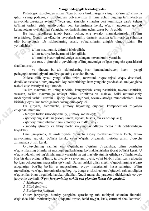 icha bilim, yangicha faoliyat ko‘rsatish metodlarni ijodiy egallash bilan harakterlanadi. muammoli darslar quyidagicha tashkil etiladi: -darsning boshlanishi, bu bosqichda bolalarning o‘quv materialiga qiziqishlarini oshirishga oid ishlar qilinadi, mavzuga doir muammo yoki muammolar qo‘yiladi; -qo‘yilgan muammo ustida o‘qituvchi va o‘quvchilarning birgalikda ishlashi. bu bosqichda o‘quvchilar muammo, uni bajarish bo‘yicha o‘z fikrlarini o‘rtaga tashlashib fikrlashadi; -muammoni echish metodini tanlash. bu bosqichda bolalar aytgan metodlar(farazlardan) biri tanlanadi; -tanlangan metod asosida ko‘plab muammo bajariladi; -muammo yuzasidan xulosa chiqariladi, chiqarilgan xulosa yangi o‘quv sharoitiga tatbiq etiladi. o‘tganlarni takrorlash va malaka hosil qilish darslari o‘quv fanlari bo‘yicha o‘rganilgan bilimlarning puxtaligi ko‘p jihatdan takrorlash va malaka hosil qilish darslarini tashkil qilishga bog‘liq. bunday darslarda oldin o‘rganilgan bilimlarga, qoida va ta’riflarga takroriy duch kelinadi. o‘rganilgan o‘quv materialiga takroriy qaytish va shu mavzuga oid omil to‘plash, tahlil etish, solishtirish asosida olib boriladi, mavzu bo‘yicha etarli mashq qilinadi. mashq qilish, bilimlarni turli o‘quv sharoitlariga tatbiq etish yo‘li bilan o‘rganilgan bilimlar …