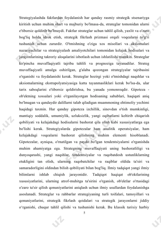 noma'lum va tizimlashtirilmagan. strategiya strategiya ob'ektining voqelik tomon samarali harakatlanishiga qaratilgan mavjud emas va faqat strategiya gorizonti tomonidan belgilangan vaqt oralig'ida shakllana boshlaydi. strateglar kelajakdagi tartibsizlikni tizimga va muvaffaqiyatli strategik loyihaga aylantirishga chaqiriladi. missiya, qarashlar (shu jumladan raqobat ustunliklari bilan ta'minlangan tamoyillar va ustuvorliklar) va vaqt shkalasiga kiritilgan maqsadlarning o'zi birgalikda strategiya kontseptsiyasini tashkil qiladi [16]. prussiya feldmarshali helmut karl bernxard fon moltke o'z kitobida shunday deb ta'kidlagan: "strategiya har doim o'z intilishlarini faqat mavjud vositalar yordamida erishish mumkin bo'lgan eng yuqori maqsadga yo'naltirishi mumkin" [28]. dalil fanning mulki sifatida uni amalga oshirishning ikki jihatiga ega. birinchidan, ilmiy bilim mezoni sifatida dalillar har bir pozitsiya boshqa, allaqachon isbotlangan qoidalar bilan mantiqiy asoslanishi kerakligini belgilaydi [9]. ikkinchidan, ilmiy tafakkurning asosiy tamoyillaridan biriga ko'ra, taklif aniq vaziyatlarga taalluqli ekanligi isbotlansa, to'g'ri bo'ladi. bilimda amalda bevosita yoki bilvosita tasdiqlangan narsa haqiqatdir [37]. bir-biridan mustaqil tadqiqotchilar tomonidan tekshirilgan va qayta-qayta isbotlangan bilimlargina ilmiy hisoblanishi …