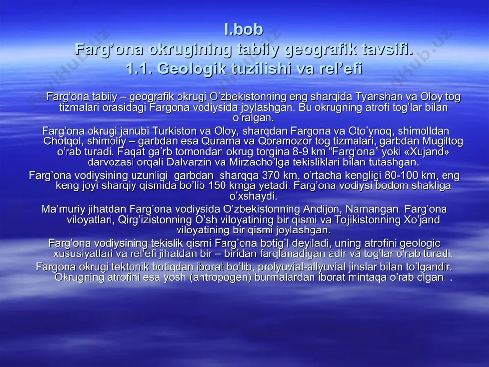 ida butunlay sug’orishga sarf bo’lib, sirdaryoga yetib kela olmaydi. okrugdagi eng katta va sersuv daryolar norin, qordaryo va sirdaryodir. norin daryosi markaziy tyanshan tog’laridan boshlanuvchi kichik va katta norinning daryolarining qo’shilshidan vujudga keladi. norin qor va muzlarning erishidan to’yinadi. shu sababli uchqo’rg’on shahri yonida bir yilda o’rtacha sekundiga 427 m2 suv oqsa, shuning 44.9 % mart iyun oylariga to’g’ri keladi. yillik oqimning 35,9 % iyul – sentyabrga, 19,2% oktyabr- fevral oylariga to’g’ri keladi. norin daryosi namangan viloyatining baliqchi qishlog’ida qoradaryo bilan qo’shilib, sirdaryo nomini oladi. qoradaryo farg’ona va oloy tog’laridan boshlanuvchi tor va qorag’o’lja daryolarining qo’shilishidan vujudga keladi. qoradaryo qor va muzlarning erishidan to’yinadi. uning yillik o’rtacha suv sarfi baliqchi qishlog’i yonida sekundiga 123 m3 bo’lib, shuning 46,4 foizi mart – iyun oylariga, 14,4 foizi iyul - sentyabr oylariga va 39,2 foizi oktyabr – fevral oylariga to’g’ri keladi. sirdaryo norin va qoradaryoning qo’shilishidan vujudga kelib uni 300 km qismi farg’ona …