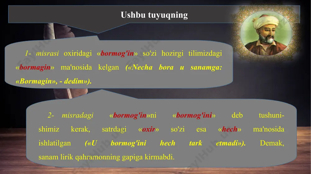zallik timsolini yarata olgan. adabiyotda go'zallik so'zlar va ularning ajib ifodasi orqali yuzaga keladi. savol va topshiriqlar tuyuqning turkiy she'riyatda tutgan o'rni qanday va bu janr namunasini yaratish uchun qanday shartlarga amal qilish lozim? «bormog'in» tajnisli tuyuqni satrma-satr sharhlang. «sarvi gulrux soridin» tajnisli tuyuqning badiiy-tabiiy ta'sirchanligini ta'minlagan vositalar nimalardan iborat? «butmagan» tajnisli tuyuq mohiyatida nima yotadi?