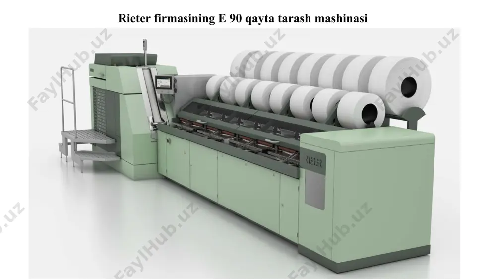 i tarab, kalta tolalardan va nuqsonlardan tozalaydi. uzun tolalar to‘laligicha alohida tolalarga ajraladi, to‘g‘rilanadi va parallellashadi. qayta tarash mashinasining davrlari ikkinchi davr – taralgan tolalar tutamini ajratishga va orqa uchlarini tarashga tayyorlash. qisqichlar 15 va 3 oldinga harakatlanib, ochila boshlaydi va taralgan tolalar tutamini ajratuvchi moslamaga yaqin olib boradi. ajratuvchi moslama 5 v 10 avvalgi siklda taralgan tolalar tutami porsiyasini ozgina orqaga qaytaradi. orqadagi ajratuvchi valik faqat xarakatlanib qolmasdan, silindr ustida yumalab tutamni pastga bosib, uzatilayotgan porsiya bilan tutashishiga qulay imkoniyat yaratadi. ustki taroq 4 oldinga qarab xarakatlanib tolalarning orqa uchlarini tarashga tayyor holatga keltiradi. qayta tarash mashinasining davrlari uchinchi davr–tolalar tutami orqa uchlarini tarash, ajratish va porsiyalarni ulash. ajratuvchi moslamaga 5 va 10 keltirilgan old uchlari taralgan tolalar tutami avval ajratilgan porsiyaga ulanib orqa juftlikka qisiladi. ajratuvchi silindrlar xarakat yo‘nalishini o‘zgartirib, katta tezlikda tolalarni ustki taroq 4 ignalari orasidan olib o‘tadi va tolalar tutamining orqa uchlari taraladi. qisqichlar 3 …