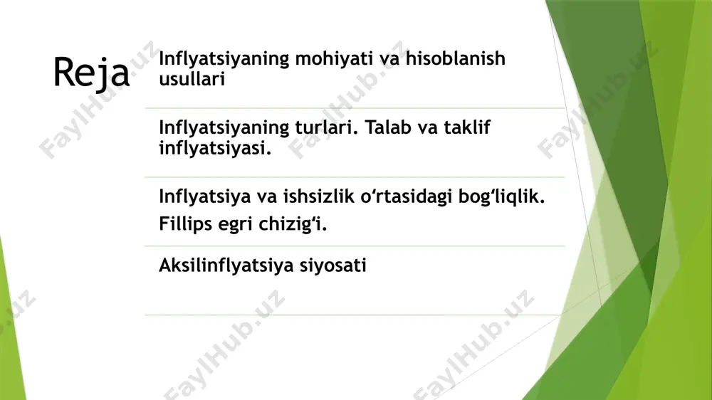 ning oʻzbekistonda 1990–1993-yillardagi holatini tahlil qilib koʻradigan boʻlsak, u ichki va tashqi omillar natijasida yuzaga kelganligi va chuqur ildiz otganligini bilishimiz mumkin. misol uchun, xalq iste’moli mahsulotlaridan sovutkichning narxi 520 martadan ham oshib ketdi, xatto chegaralangan narxlarda sotiladigan mahsulotlarning narxi ham keskin koʻpaydi, masalan goʻshtning chegaralangan narxi 75 martadan ham oshib ketdi va hokazo. inflyatsiya turlari мo‘tadil inflyatsiya yuguruvchi inflyatsiya giperinflyatsiya narxlar usish sur’atlariga ko‘ra yiliga yiliga oyiga 10 % gacha 20 % dan 200 % gacha 50 0% dan oshiq inflyatsiyaning kelib chiqish sabablariga ko‘ra inflyatsiya talab inflyatsiyasi taklif inflyatsiyasi kutilayotgan infyatsiya kutilmagan infyatsiya fisher tenglamasidan foydalanish mumkin: i = r + пkut. bu yerda i-nominal foiz stavkasi; r- real foiz stavkasi; пkut - kutilayotgan inflyatsiya darajasi. p ad0 ad1 as p1 p0 q0 q1 q talab inflyatsiyasi talab inflyatsiyasi – ortiqcha talab orqali kelib chiqadigan inflyatsiya bu inflyatsiya turi iqtisodiyotda iste’molchilarning inflyatsiya kutilishlari yoki pul massasining ko‘payishi natijasida …